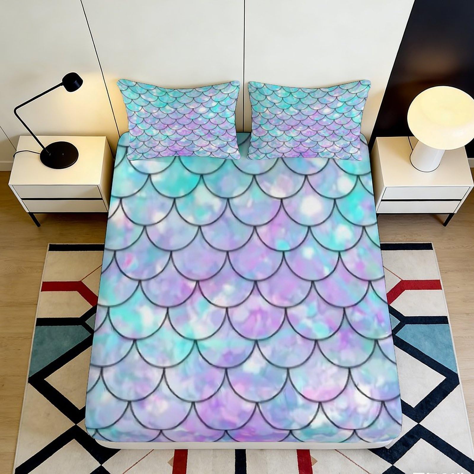 3D Printed Mermaid Scales Fitted Sheet Microfiber Pastel Gradient Mattress Cover for Bedroom Dorm Decor Protection 90x200x25cm