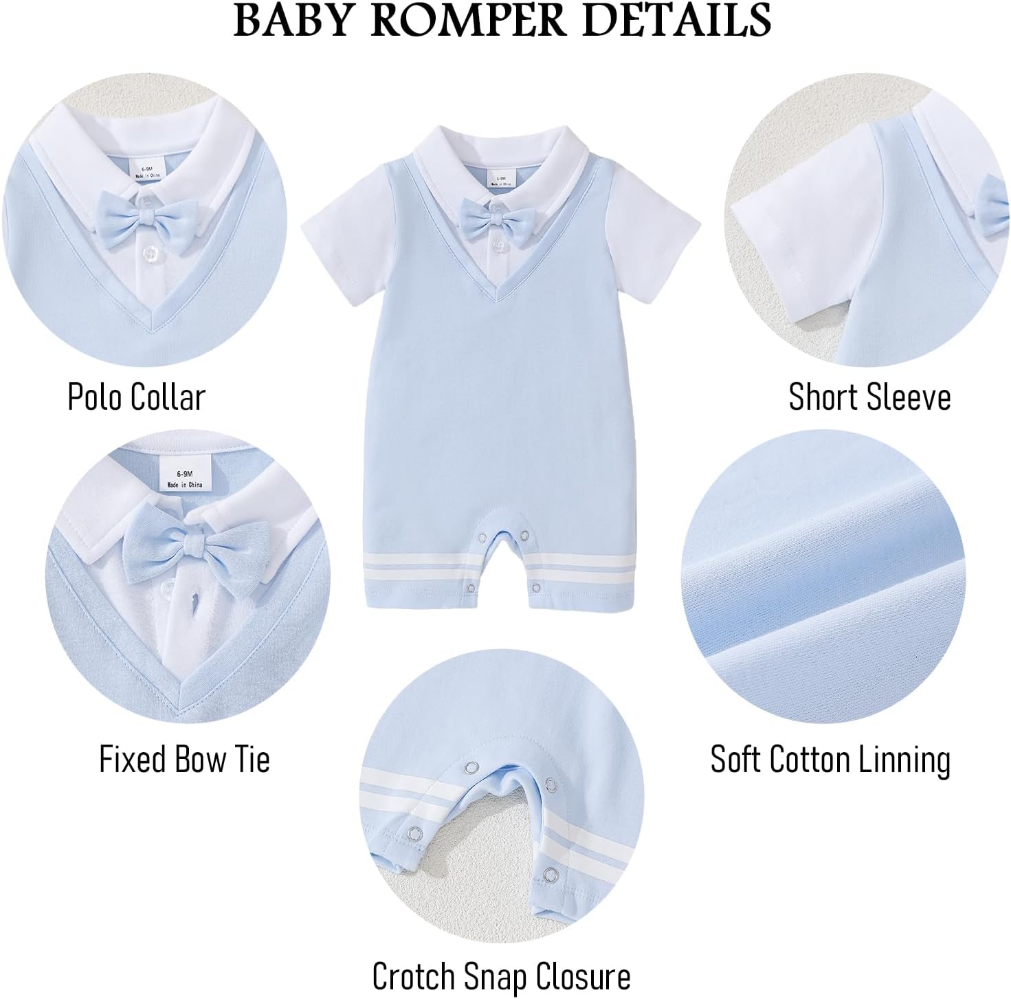 Baby Boys Romper 100% Cotton Bow Tie Summer Formal Outfit 0-18M