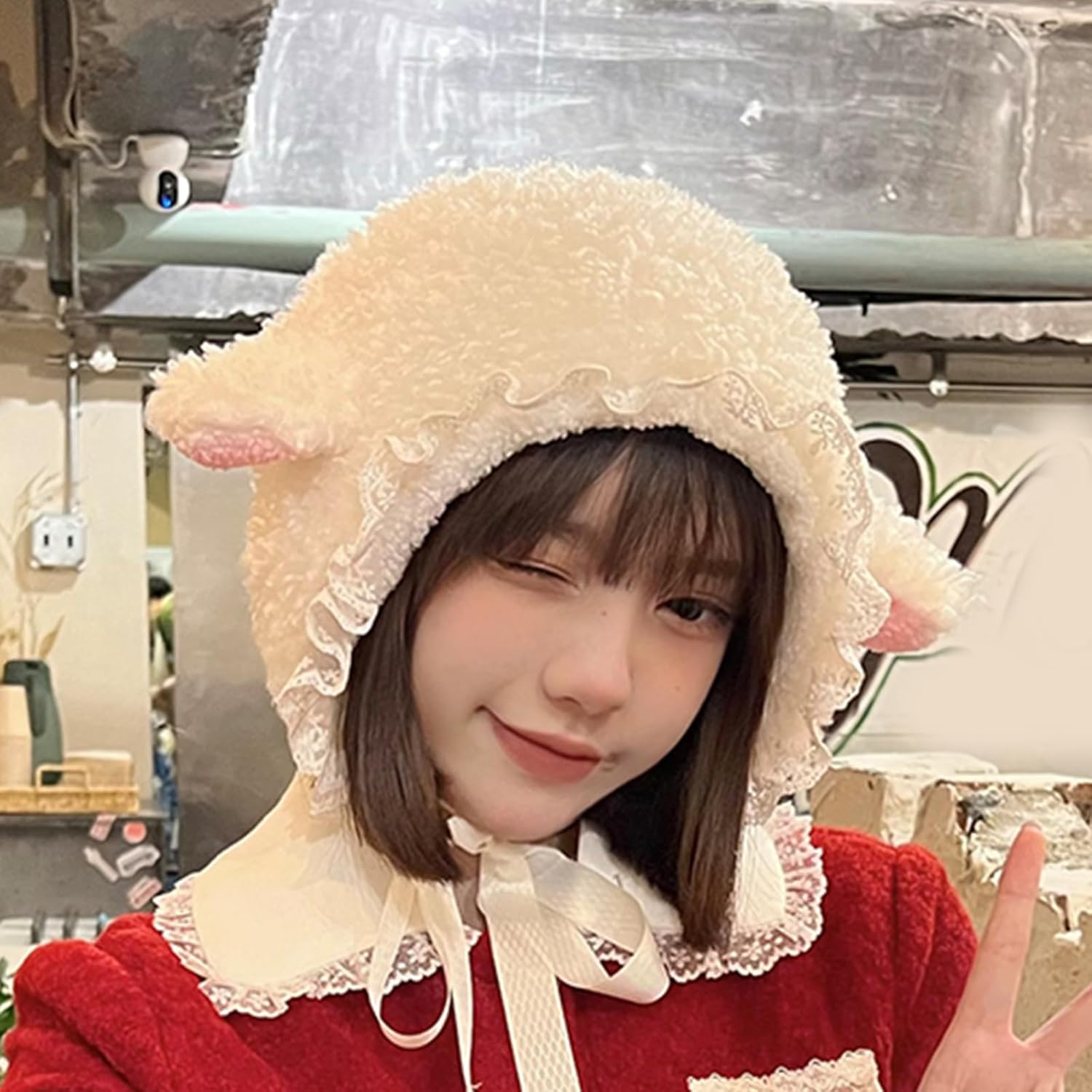 Lamb Hat Cozy Plush Bucket Cap with Ears for Women Men Kids Christmas Halloween Cosplay Party Costume Photo Prop (White M) - Image 7