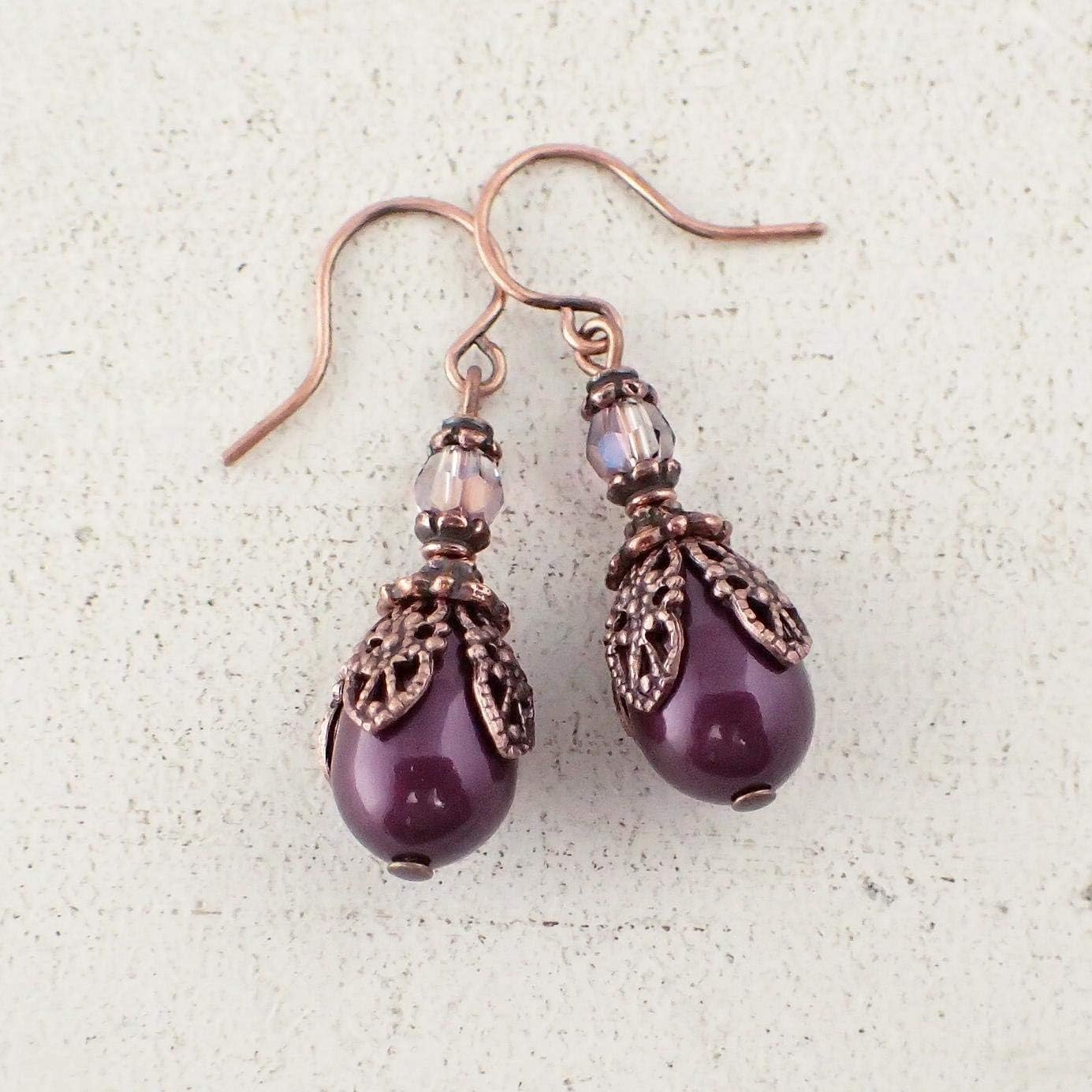 Plum Purple Tear Drop Earrings made with Crystals and Antiqued Copper Plated Brass