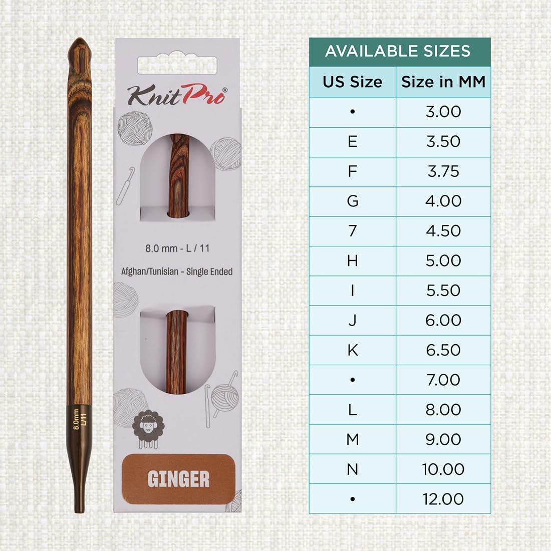 KnitPro Ginger Afghan/Tunisian Crochet Hook | US Size L (8mm)