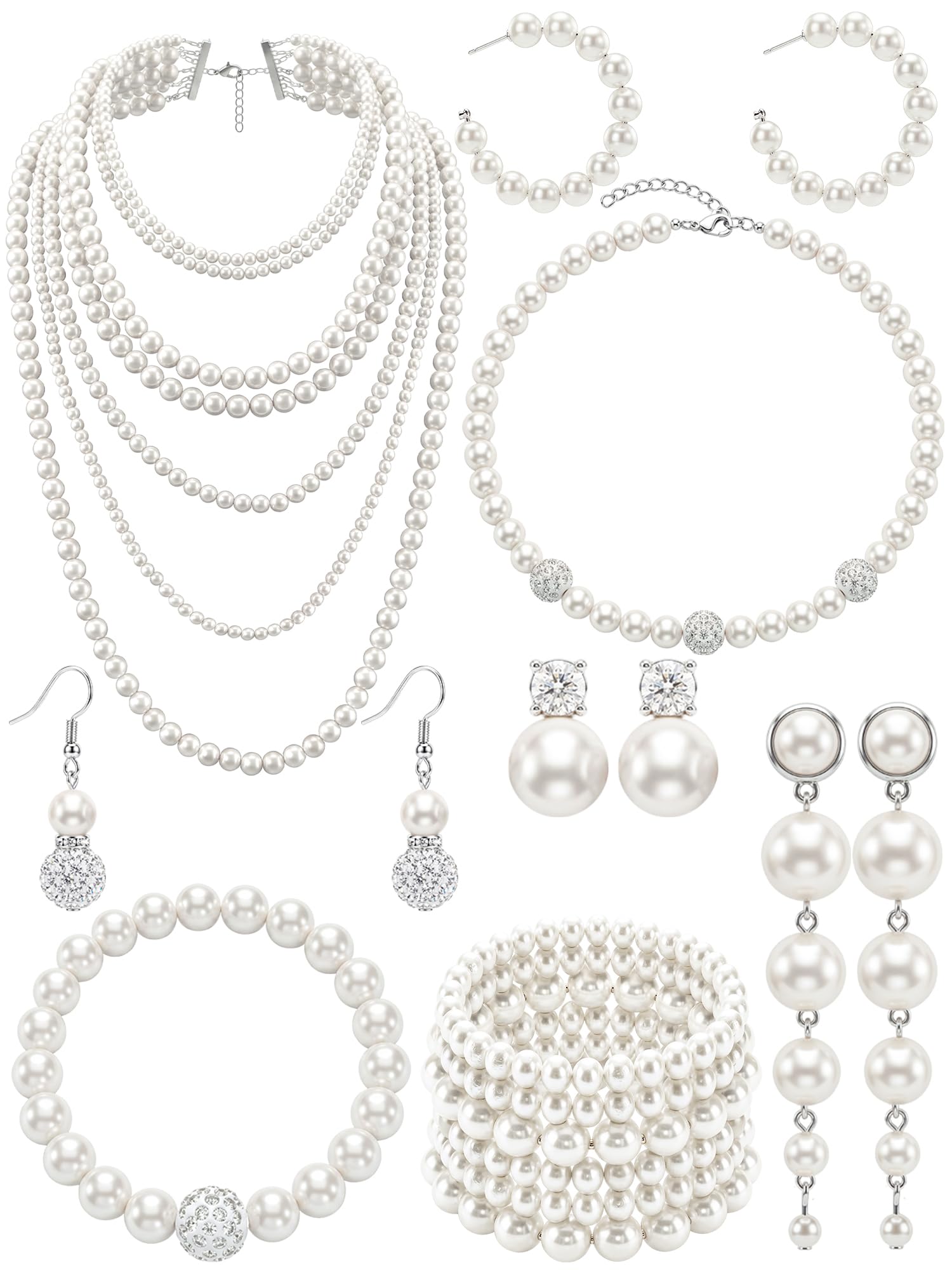 BBTO 8 Pcs Pearl Necklace Earring Set Women Wedding Jewelry