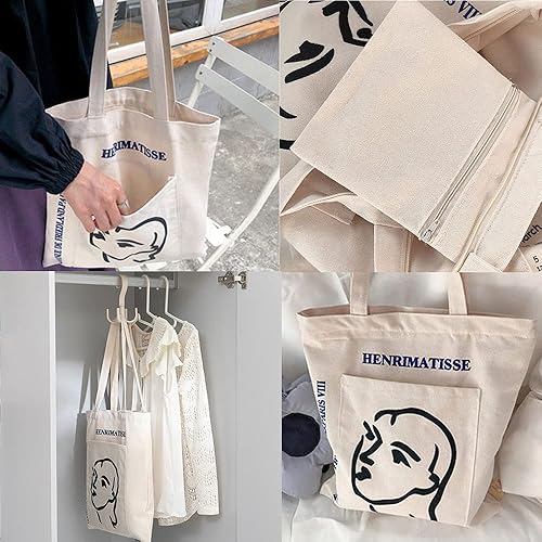 Miniatura 4 de Bolsa de lona para mujer y niña bolsa de hombro escolar con cremallera para trabajo playa almuerzo viajes y compras bolsa de comestibles Campana de