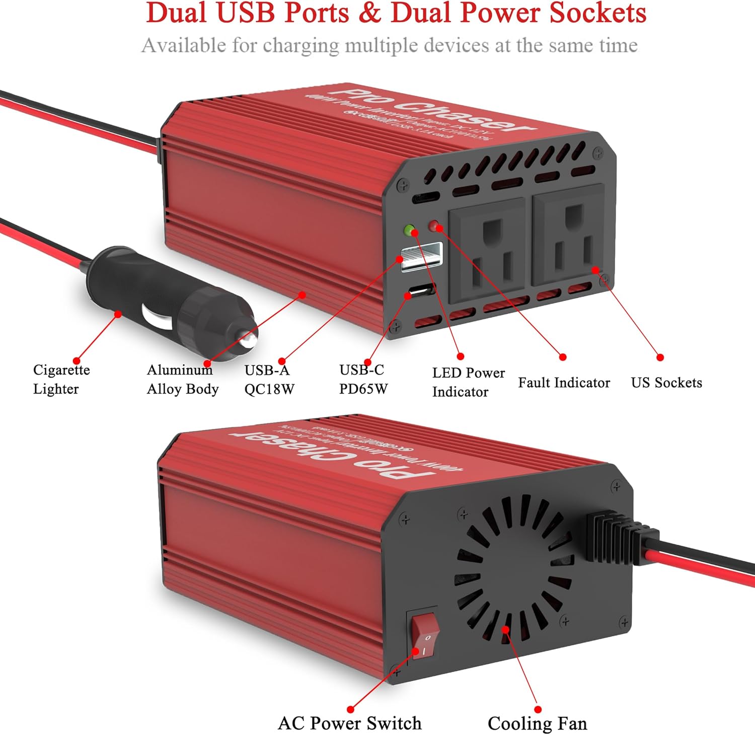 Pro Chaser 400W Power Inverters for Vehicles - DC 12v to 110v AC Car Inverter Converter, USB-A, PD 65W USB-C Ports, Dual AC Adapter for Air Compressor Laptops