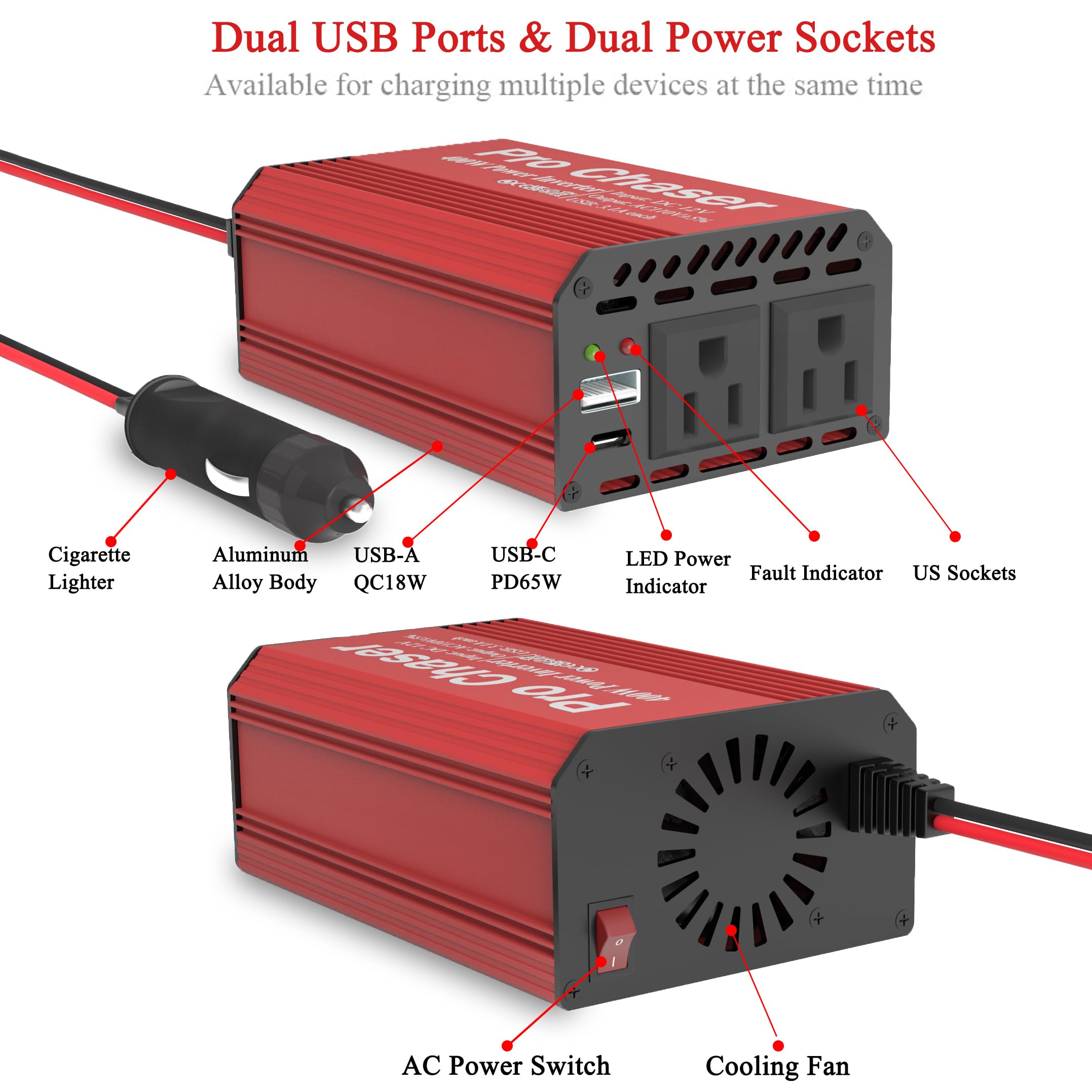 Pro Chaser - Przetwornica mocy 400 W do pojazdów - falownik samochodowy DC 12 V na 110 V AC, porty USB-A, PD 65 W USB-C, podwójny adapter prądu przemiennego do laptopów sprężarek