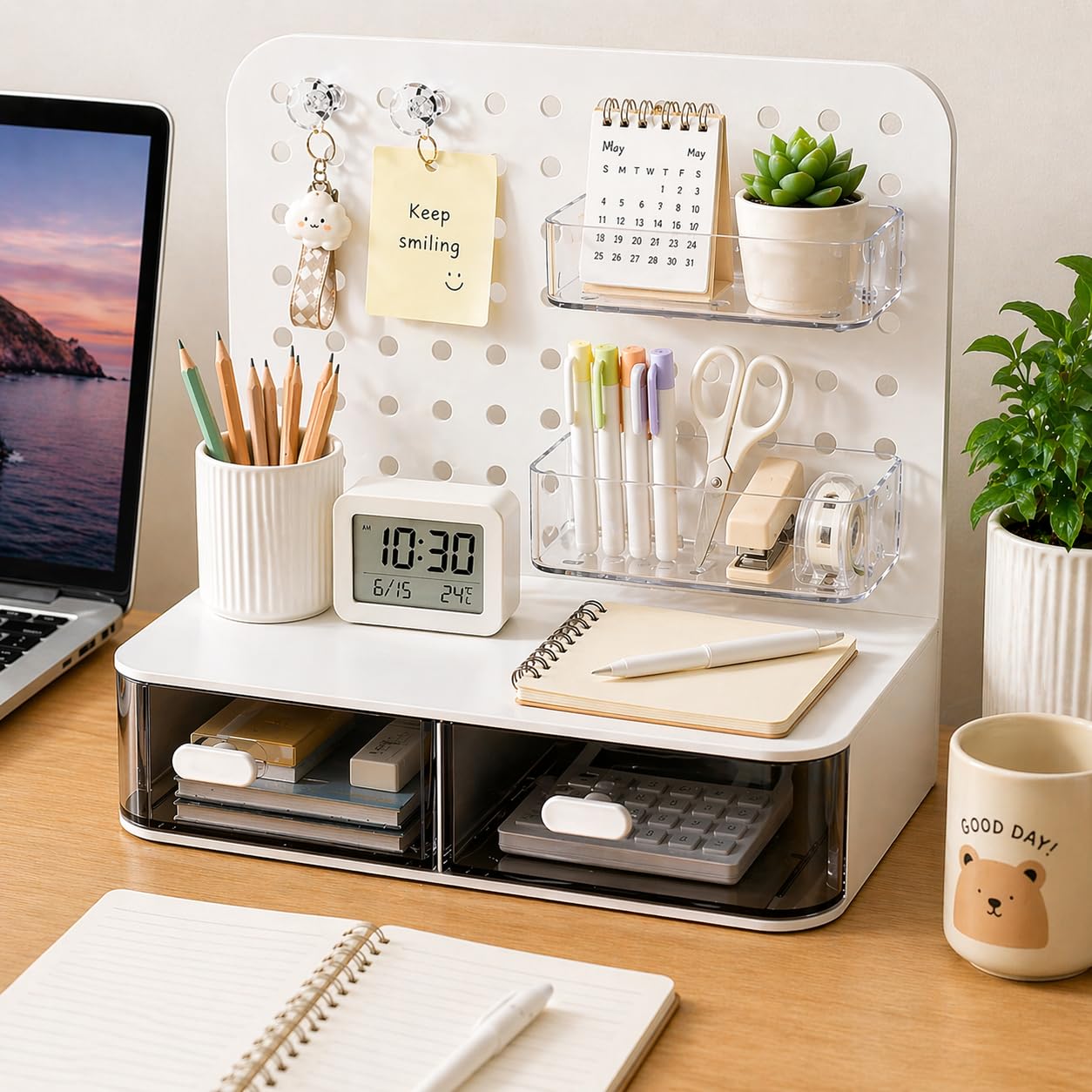 HOME CUBE 1 Pc Desktop Storage Organizer with 2 Drawers Pegboard Storage Rack Desk Supplies Organisers For Office Supplies Stationery Pens Staplers Clips Sticky Notes Visiting Card - White