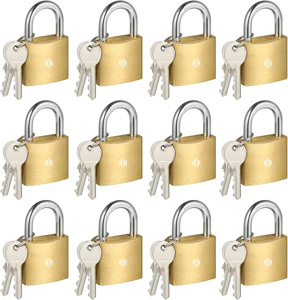 HOX 12-Pack Keyed Padlock, Waterproof and Rustproof, Solid Brass Lock with 1-1/4" Wide Body, Padlock with Keys for Storage Unit, Sheds, Garages and Fence