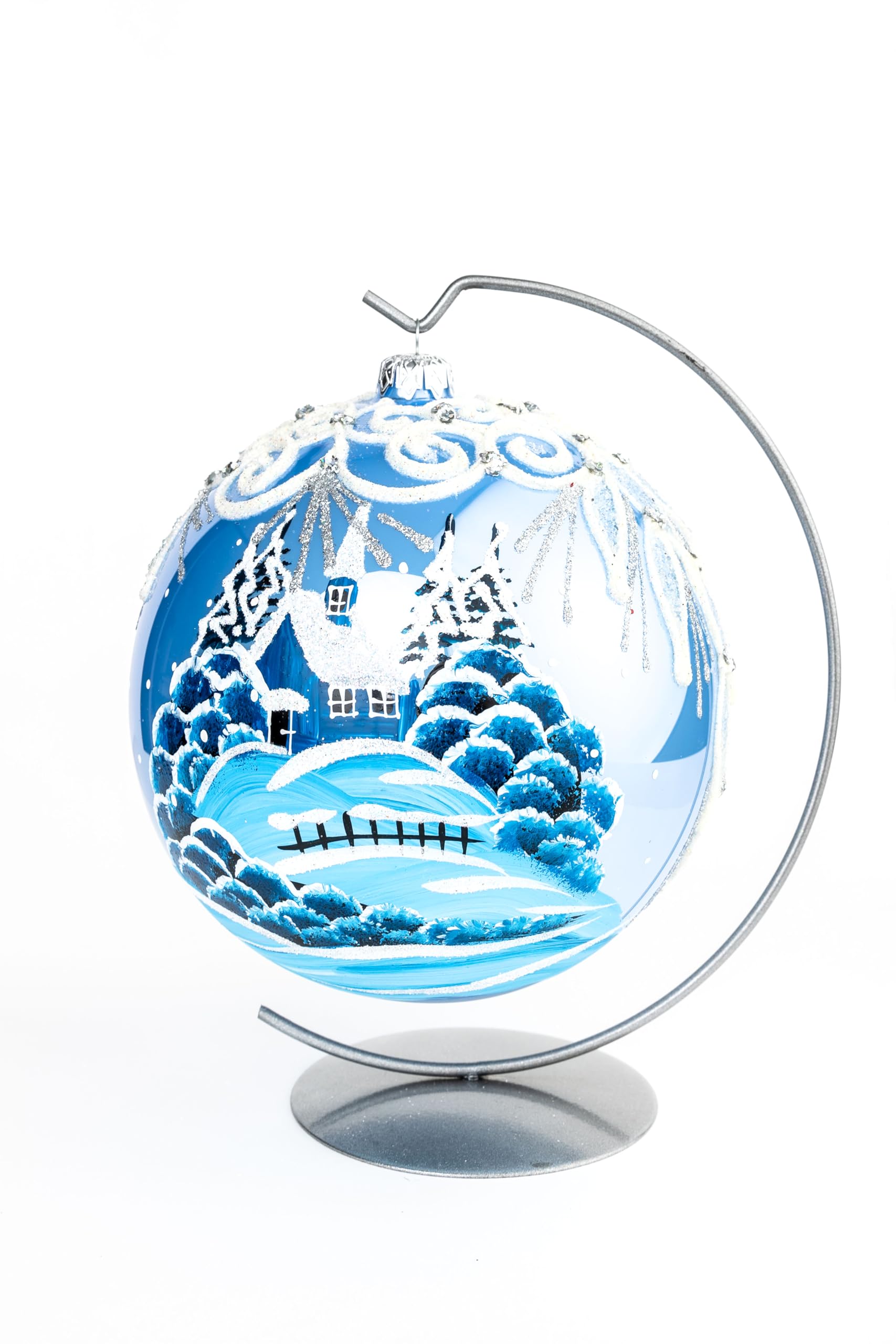Himmelblaue Weihnachtsdekoration, polnische geblasene Glaskugel, große Kugel, 150 mm, handbemalt, Winterwunderland