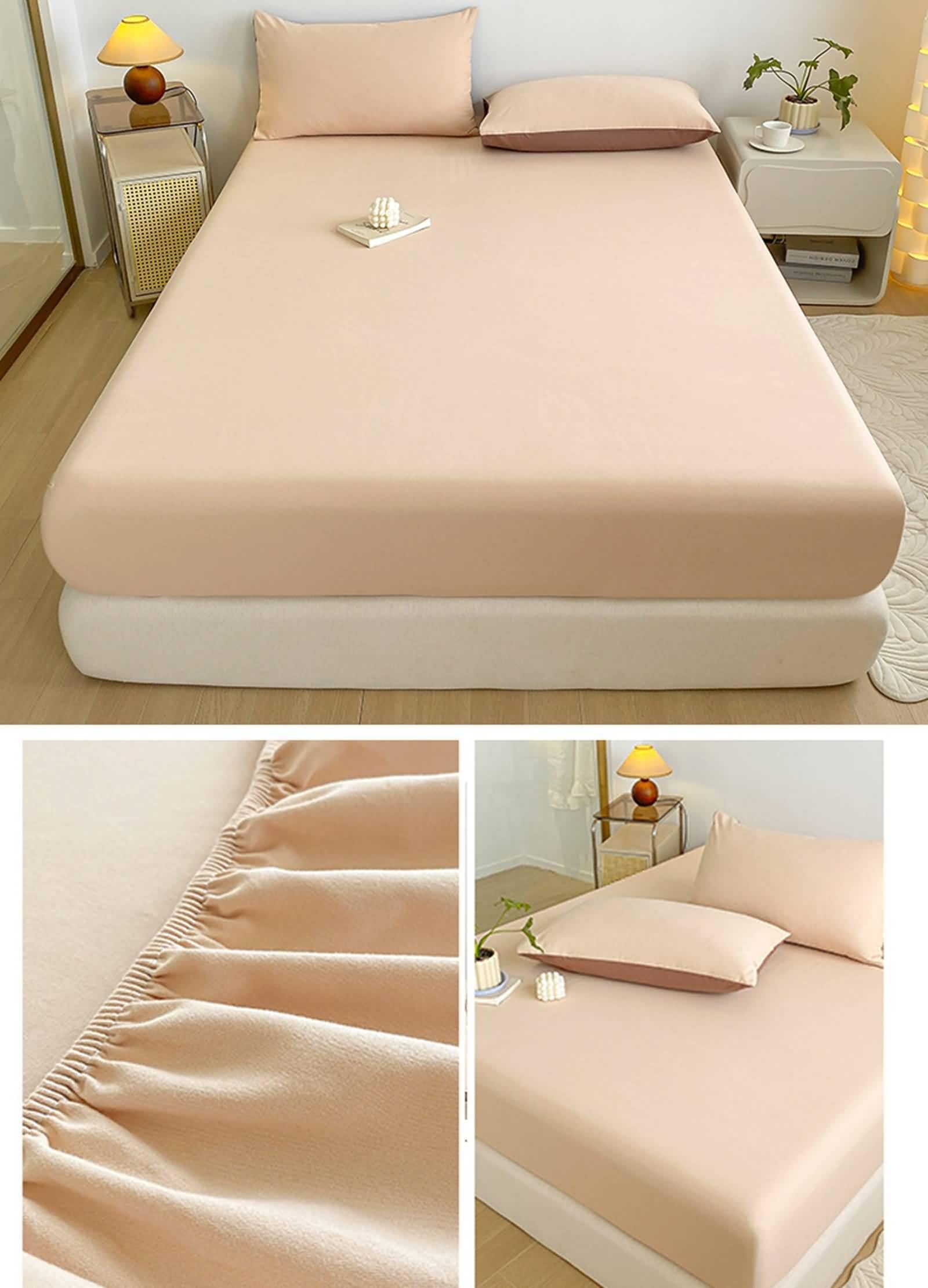 Juego de 3 Piezas Sábana Bajera Cama Matrimonio de Algodón, Color Sólido, 150 x 200 CM + 2 Fundas de Almohada, Sábanas Bajera Caqui Claro