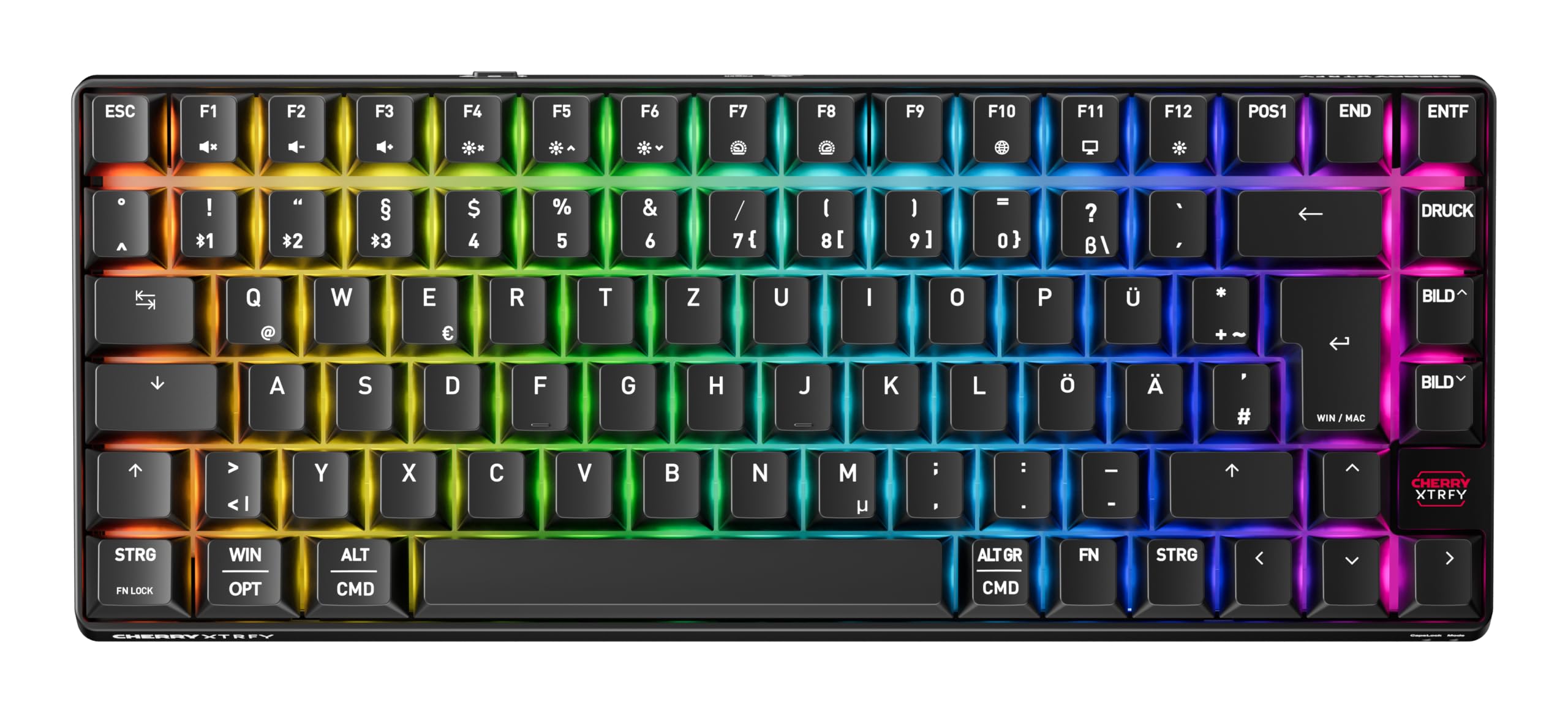 Cherry XTRFY K33 Compact Wireless, bezprzewodowa klawiatura mem-chanical, format 75%, klawiatura wielofunkcyjna, oświetlenie RGB, IP54 ochrona przed kurzem i wodą rozbryzgową, układ DE (QWERTZ