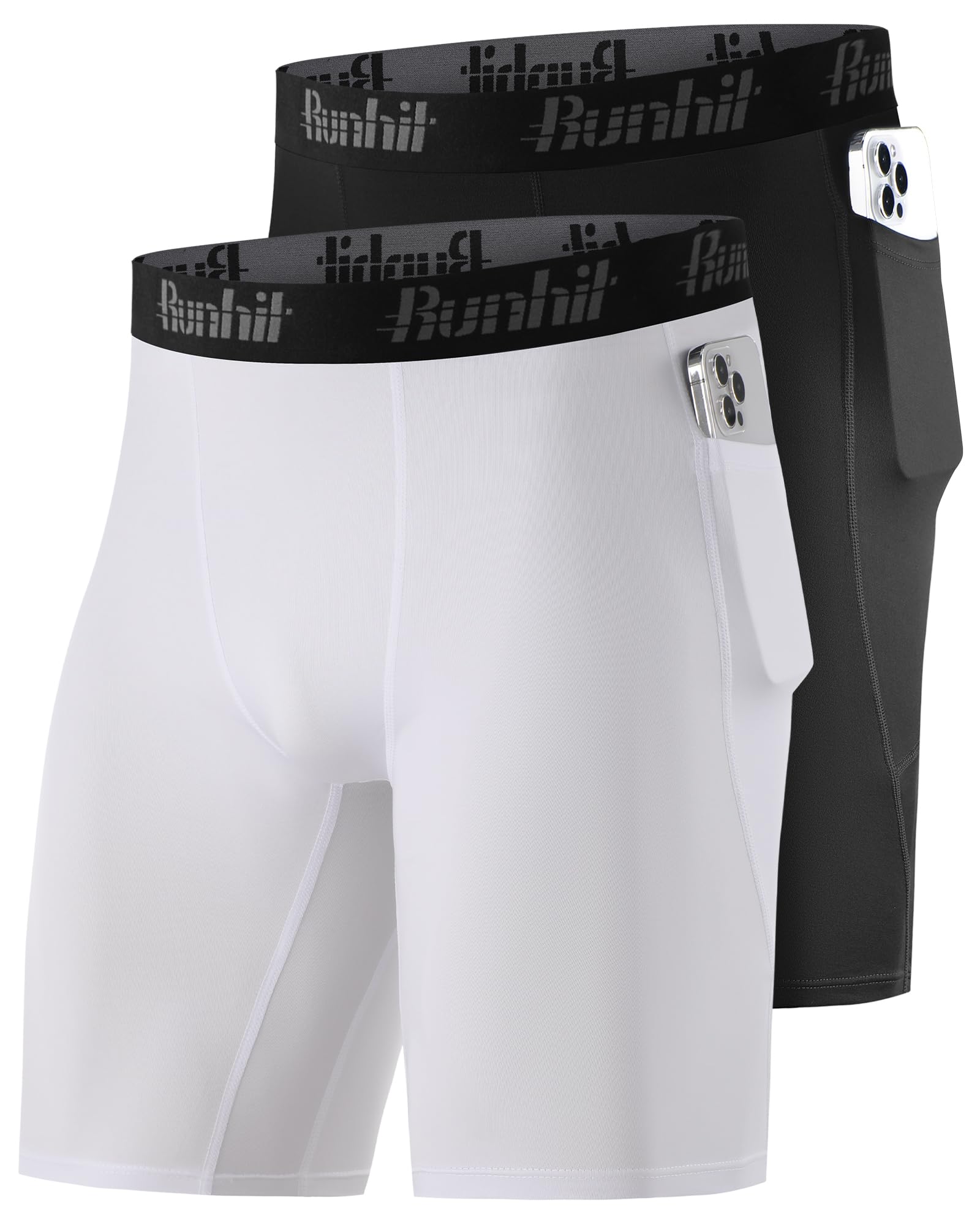 Runhit 2 Pack Mens Compression Shorts with Pockets 9 Performance Spandex Underwear Sport Athletic Workout Running Base Layer