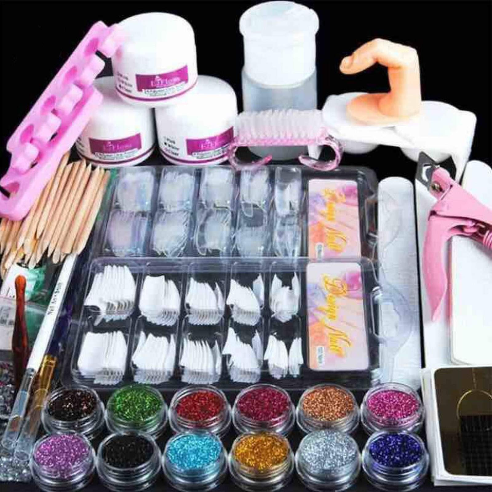 ENASUI Acrylic Powder Glitter Nail Art Kit False Nail Tips Nail Art Decoration Tools 12 Glitter Acrylic Powder Kit