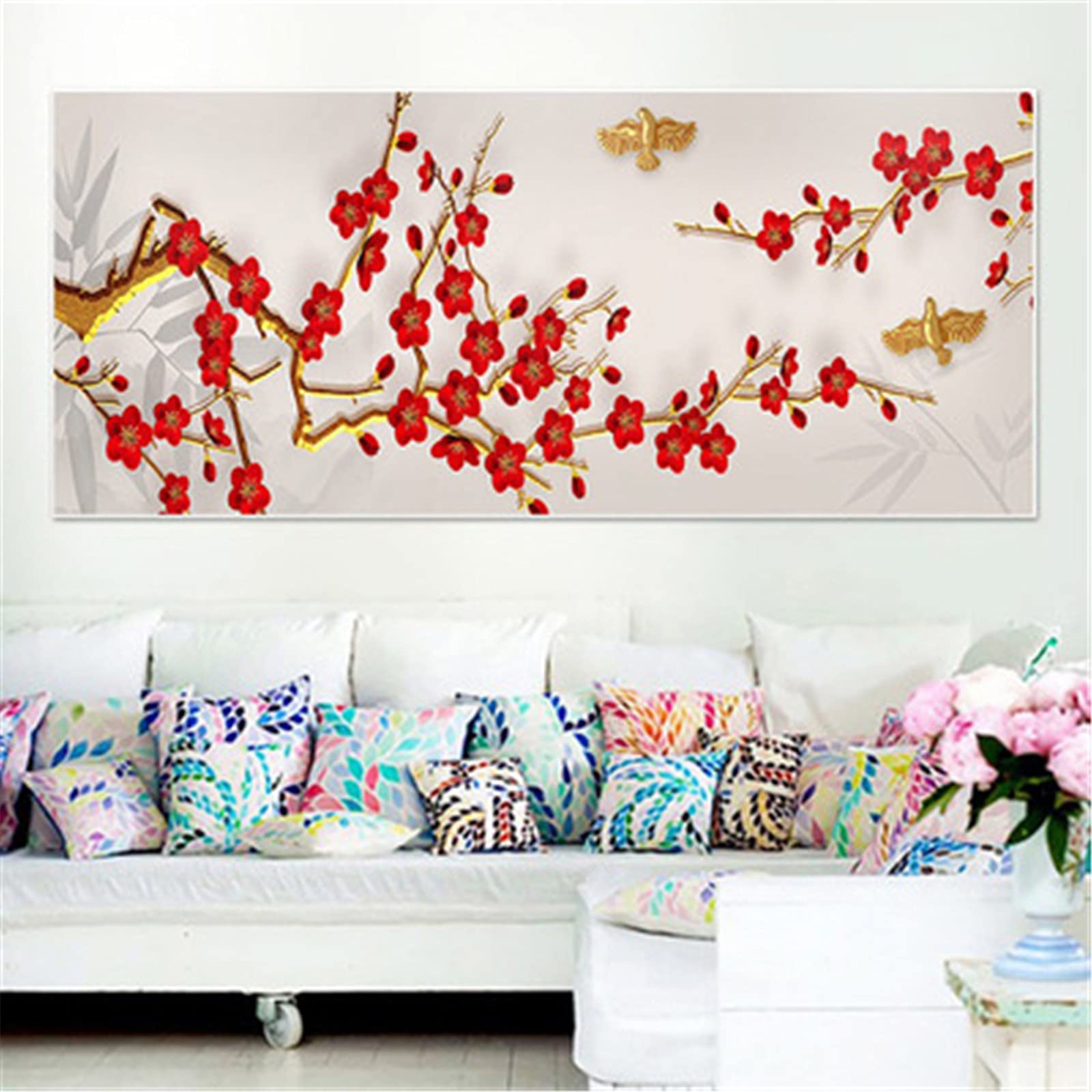 Kits de pintura de diamante 5D Taladro completo Golden Tree Red Flower DIY Diamond painting cristal Rhinestone bordado punto de cruz para decor de la pared del hogar Square drill,60x120cm