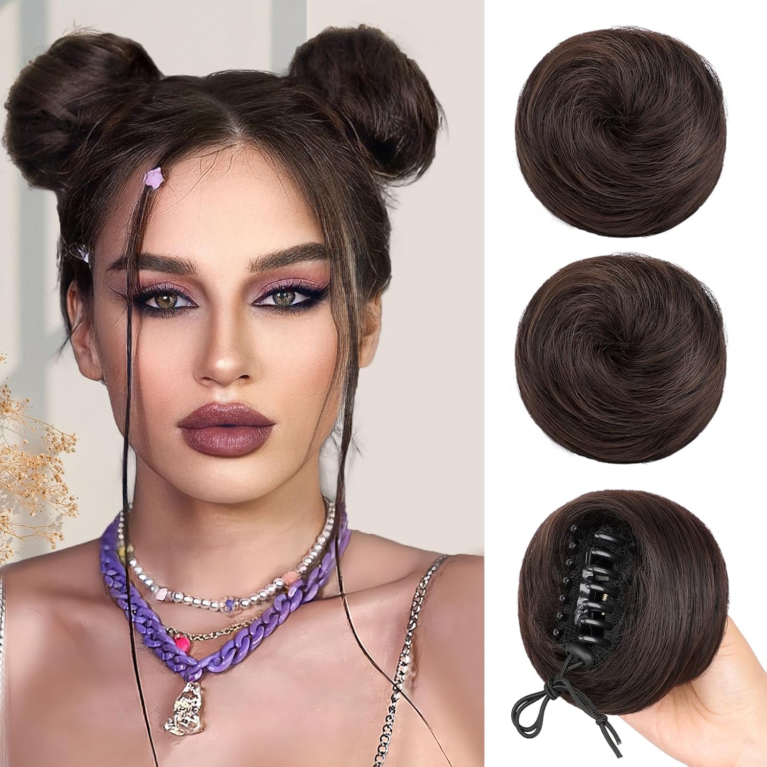 HAIR WALA™ 02PCS Mini Claw Clip in Hair Bun Messy Cat Ears Hair Bun Extension Synthetic Donut Wig Accessory Updo Space Bun Hair Pieces for Women Girls, Brown Color (Brown)