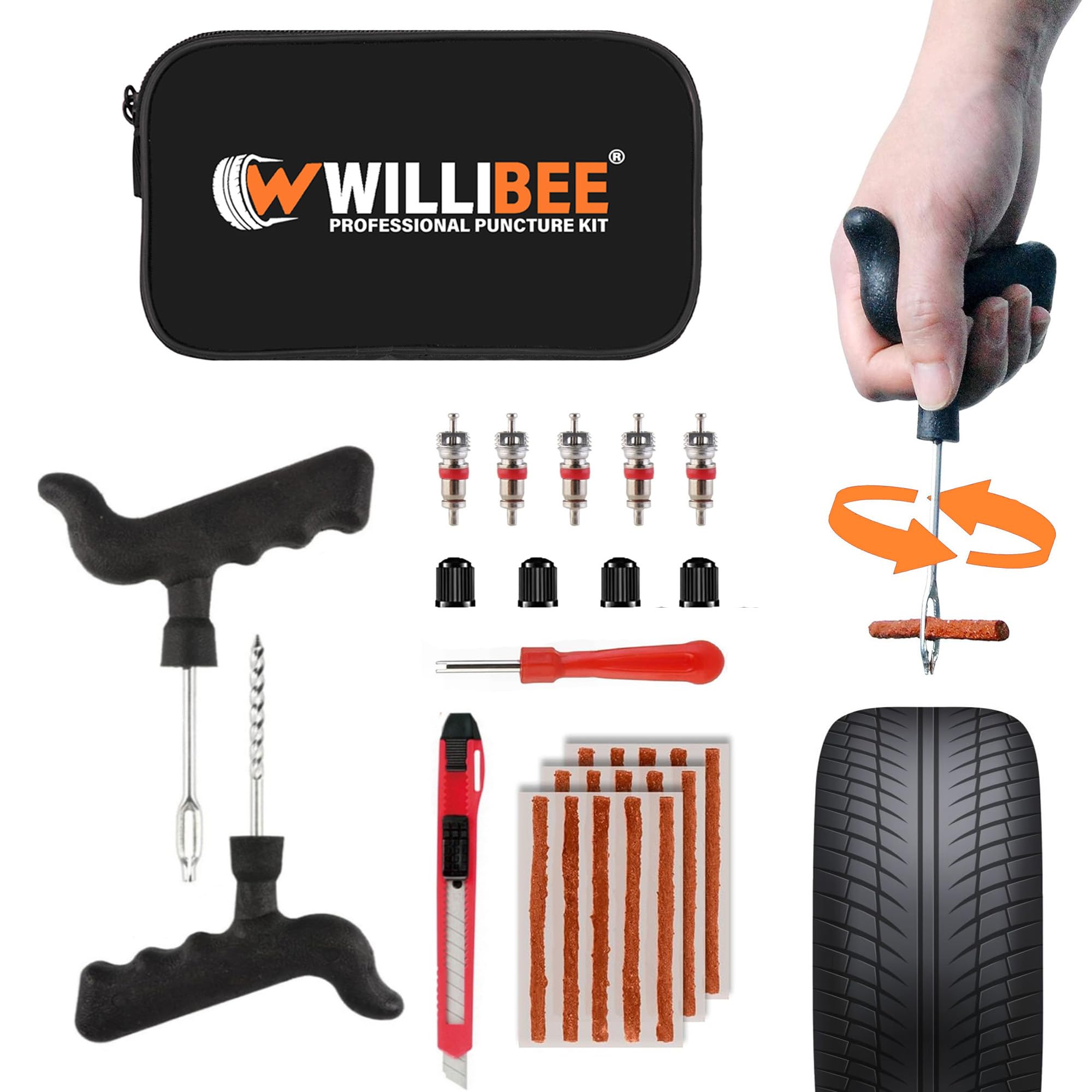 8-in-1 Tool Set (Pack of 15 Strips), Tubeless Tyre Puncture Repair Kit for Car, Bike, Scooter & SUV (with Storage Bag) | Universal Emergency Tyre Fix Tool Set, Flat Tire Puncher Repair Kit.