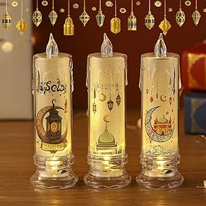 شموع عيد مبارك بإضاءة LED بدون لهب لزينة رمضان من وينفر، شموع بيضاء بدون لهب بنمط قمر وقلعة وفانوس - ضوء ليلي إسلامي للم