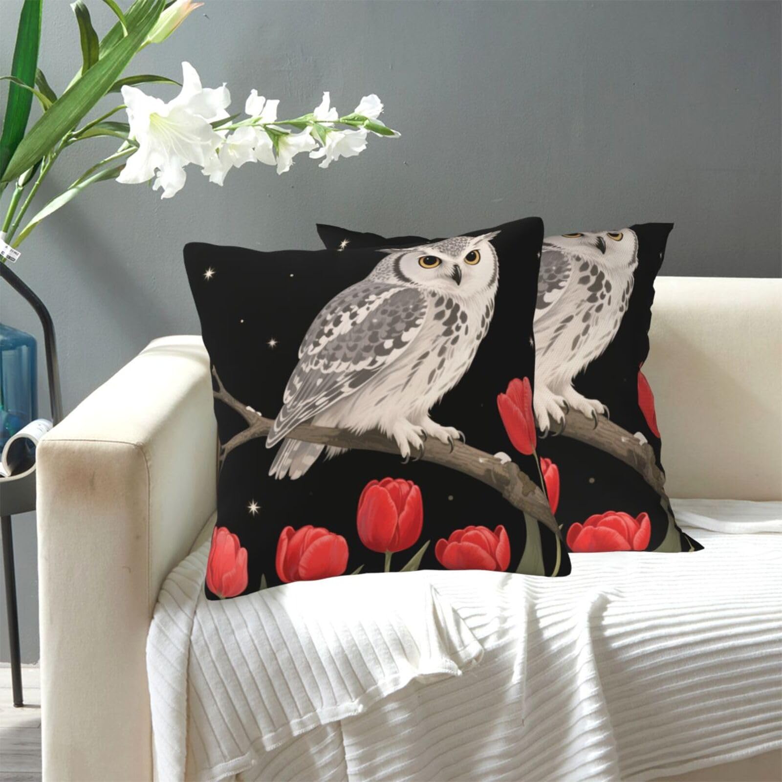 FekiLoot Decorative Throw Pillow Covers Modern Farmhouse Pillowcase Double Sided Cozy Cushion Cover for Sofa Couch Bed 16"X16" Owl Red Flower