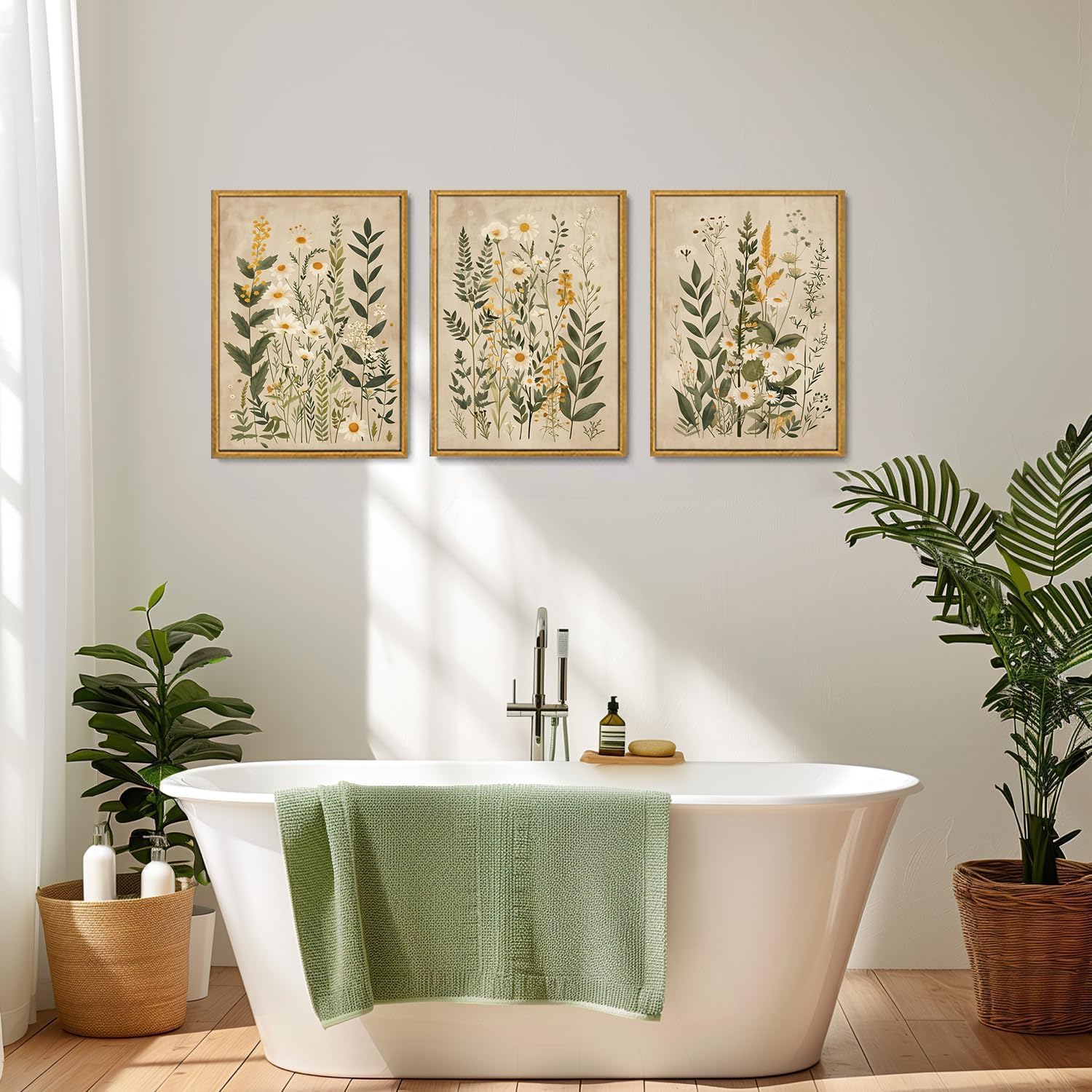 lianyibo 3 szt. Vintage kwiatowy obraz ścienny na płótnie, stokrotki neutralny obraz botaniczny, nowoczesne kwiatowe wydruki artystyczne do salonu (60 x 80 cm x 3 / rama wewnętrzna)