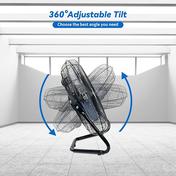 TEMPWARE 20 Inch High Velocity Industrial Floor Fan, 3-Speed Heavy Duty Metal Cradle Floor Fans with 360 Tilt for Warehouse, Workshop, Garage, Factory and Basement, Black & Blue