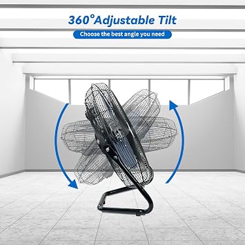 TEMPWARE 20 Inch High Velocity Industrial Floor Fan, 3-Speed Heavy Duty Metal Cradle Floor Fans with 360 Tilt for Warehouse, Workshop, Garage, Factory and Basement, Black & Blue