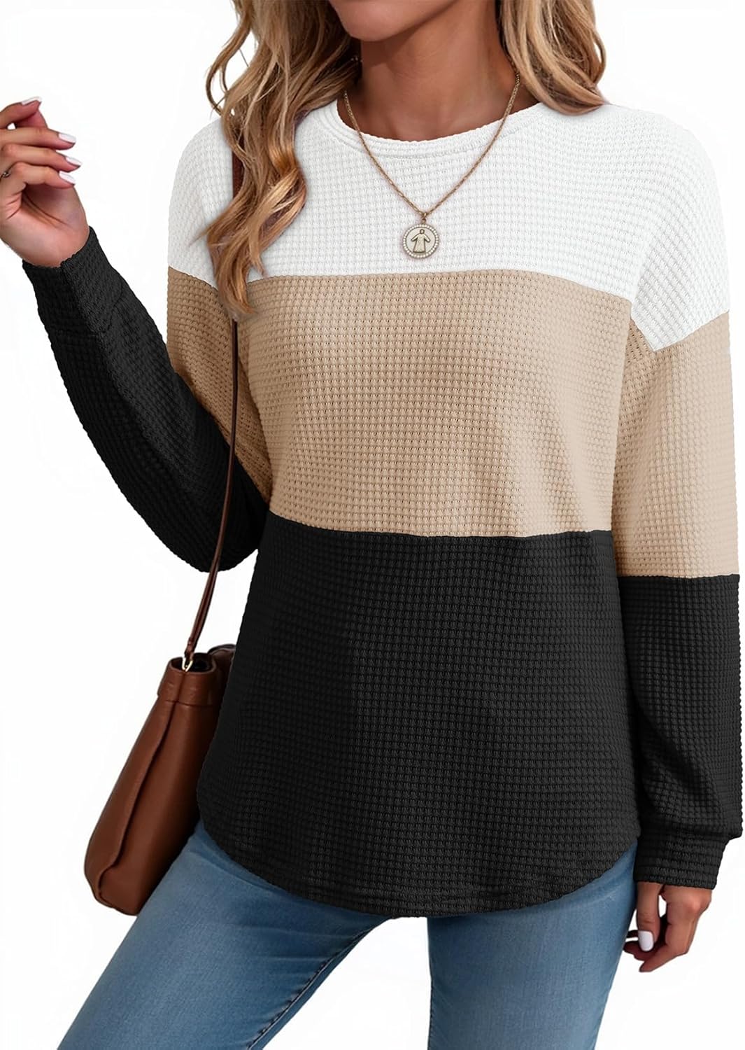 Product image of Dokotoo Womens Tops Casual Long Sleeve Waffle Knit Oversized Shirts Crewneck Color Block Pullover Sweatshirts