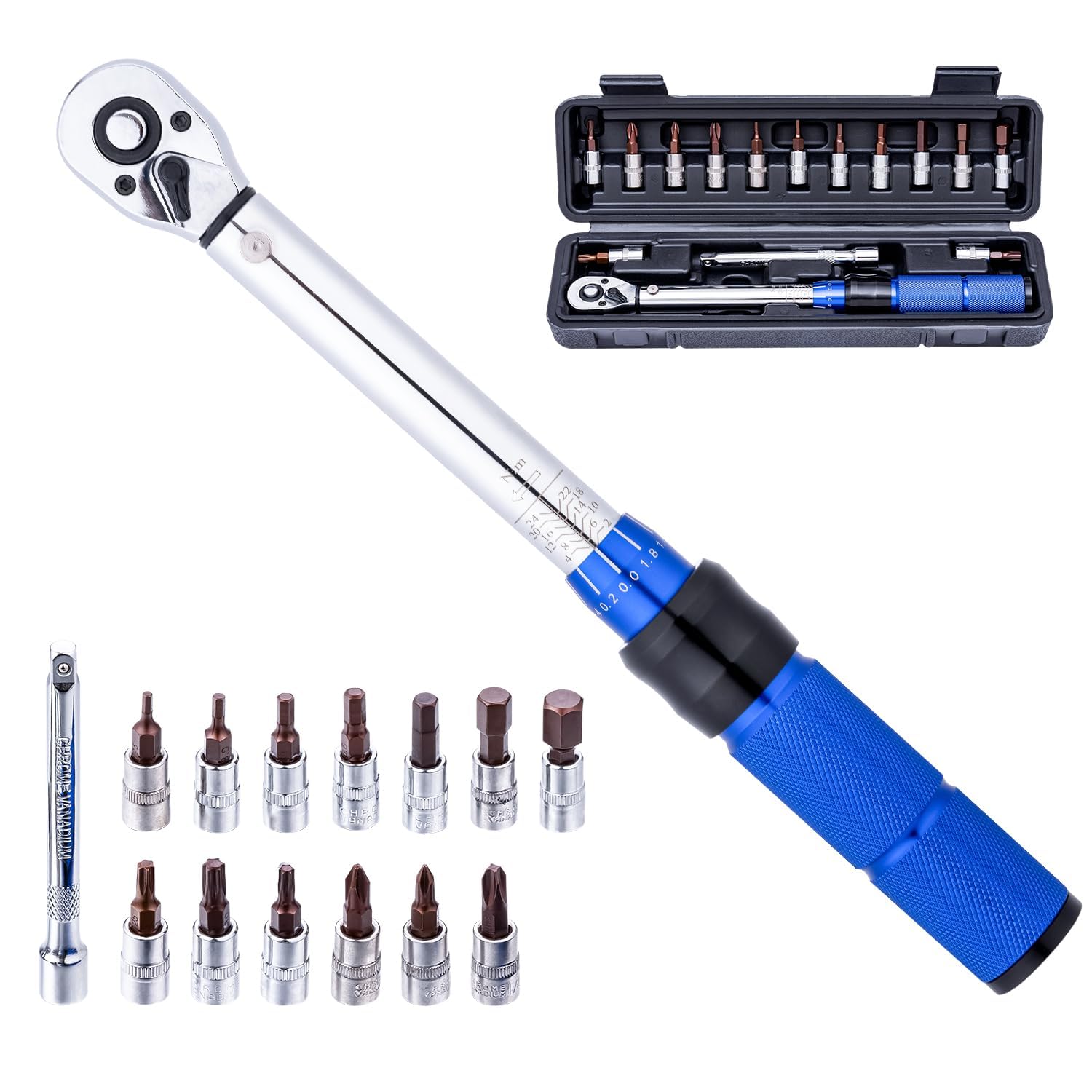 1/4 Inch Drive Click Torque Wrench Set, 2-24 Nm, 72 Teeth, 15 Pcs, with Hex and Torx Socket Bits and Extension Bar, for Road and Mountain Bicycle Repair-picture-12