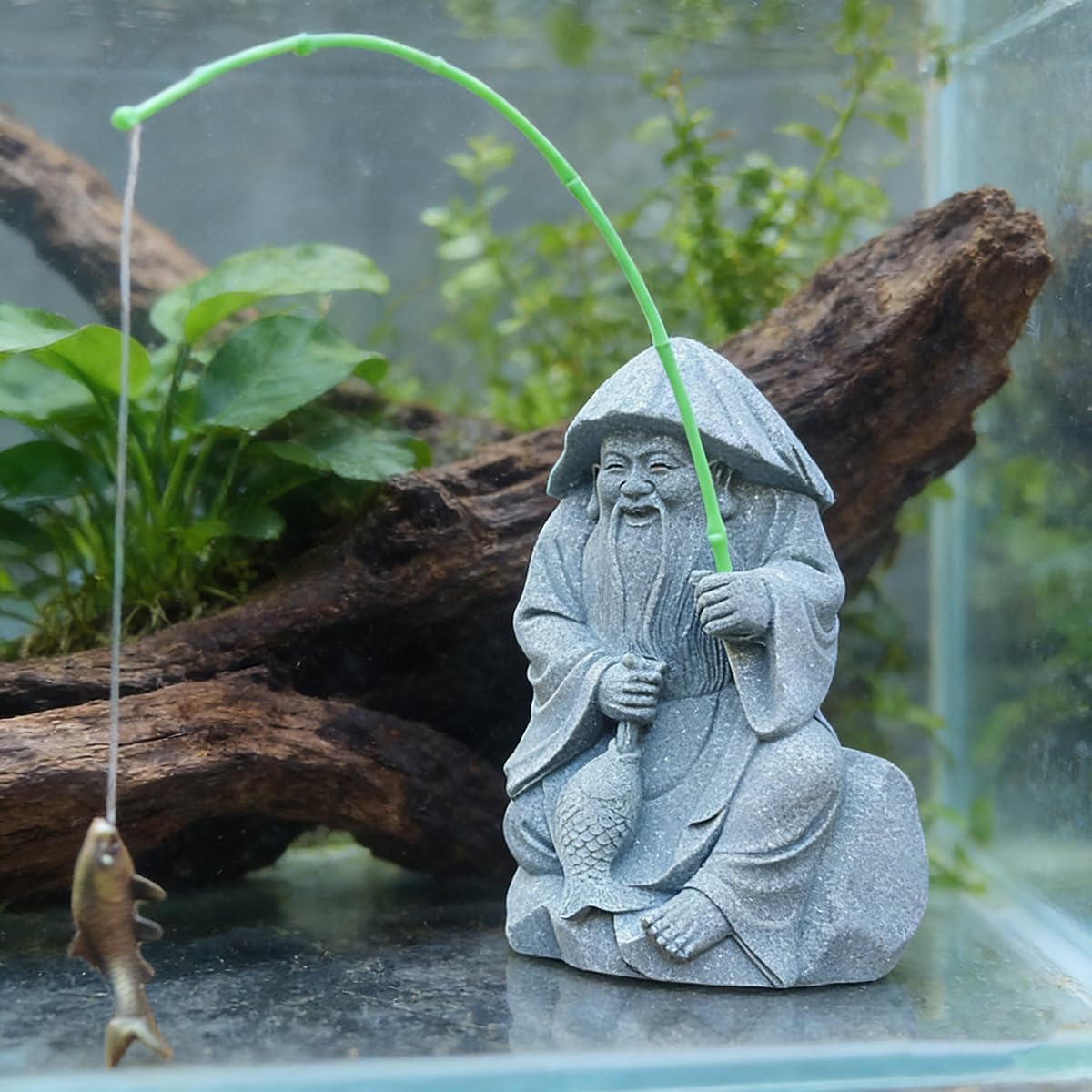 livelyfish Aquarium Fisherman Statue Japanese Old Man Figurine Sandstone Sitting Fishing Figurines for Fish Tank Garden Home Decor (E2)