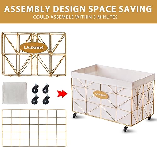 Miniatura 6 de Mxfurhawa Cesta para la ropa sucia de 160 litros  Cesta de lavandería plegable con forro extraíble, ruedas rodantes y marco de metal resistente para