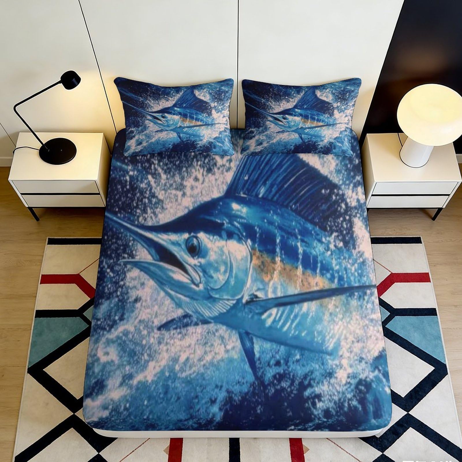 3D Printed Blue Marlin Ocean Fitted Sheet Microfiber Anti-Slip Deep Sea Mattress Cover Machine Washable for Bedroom Guest Room 90x200x25cm