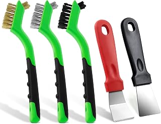Wire Brush Set with Scraper 5Pcs - Nylon/Brass/Stainless Steel Bristles with Curved Handle Grip for Rust Removal, Dirt & Paint Scrubbing with Deep Cleaning (Green)