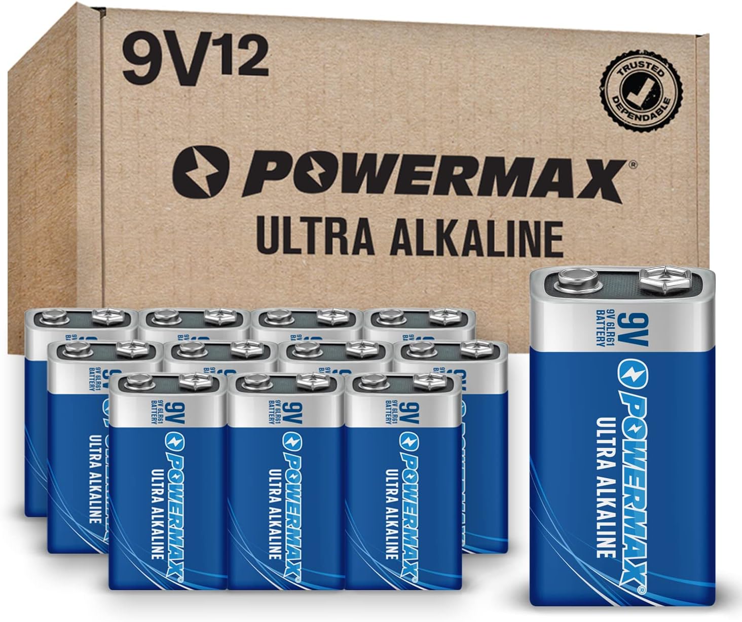 Powermax 12-Count 9V Batteries, Ultra Long Lasting Alkaline Battery, 7-Year Shelf Life, Reclosable Packaging : Health & Household