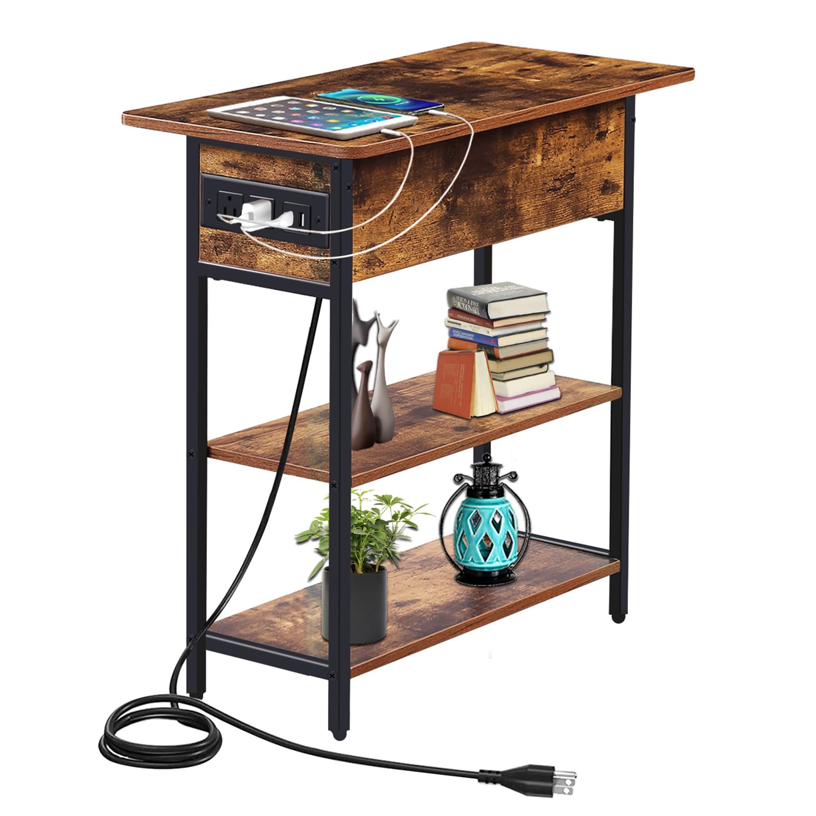 Photo 1 of GA Home End Table with Charging Station, Narrow Side Table with USB Ports and Outlets, 3-Tier Bedside Table with Storage Shelf for Small Spaces, Living Room, Bedroom, Easy Assembly, Rustic Brown