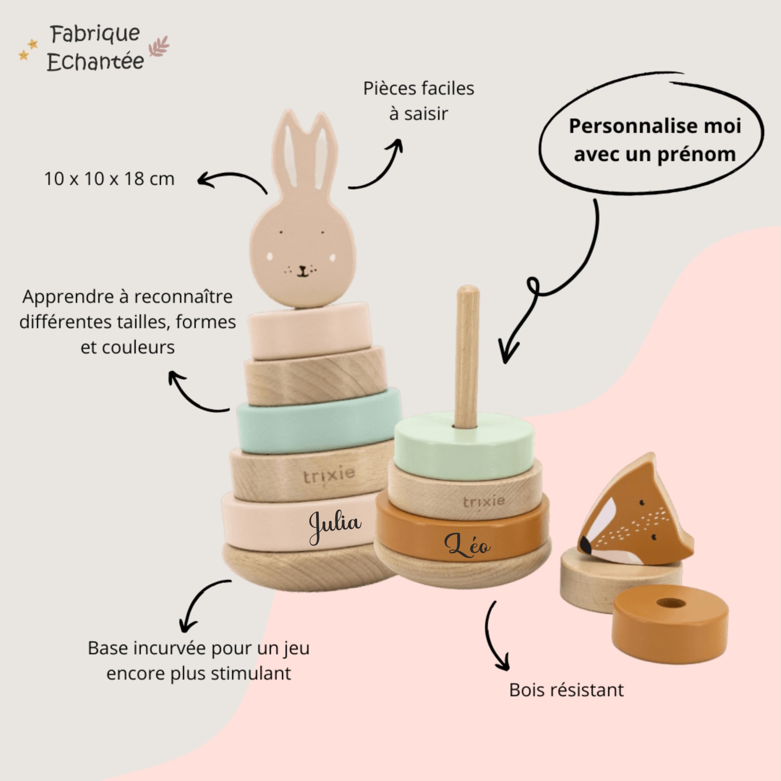 Tour de naissance personnalisé - cadeau de naissance trixie, jouet bébé naissance, tour d'anneaux à empiler, décoration chambre naissance, cadeau bébé prénom (Lapin)