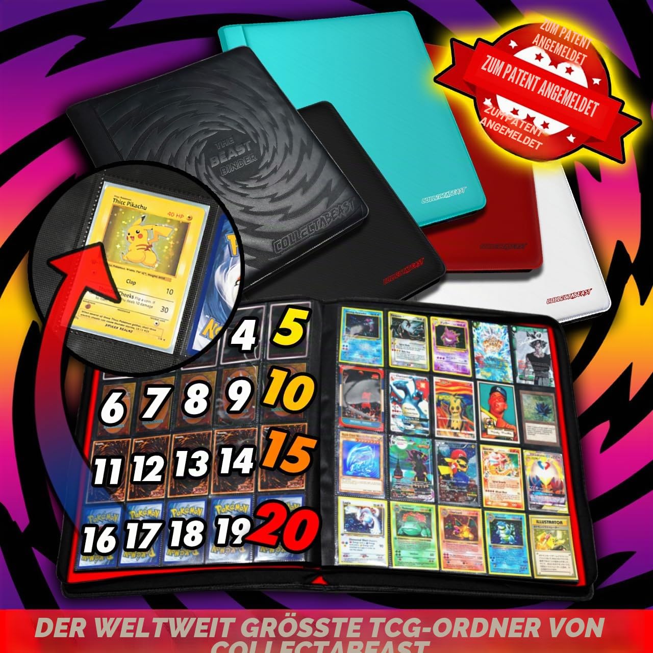 1280+ Karten 20 Pocket Card Binder Sammelkarten Album - Seiten Kompatibel mit Pokemon Karten, Sportkarten, Yugioh, MTG und Anderen TCG - Sammelkartenhülle mit seitlichen Loading Pockets (Rot)