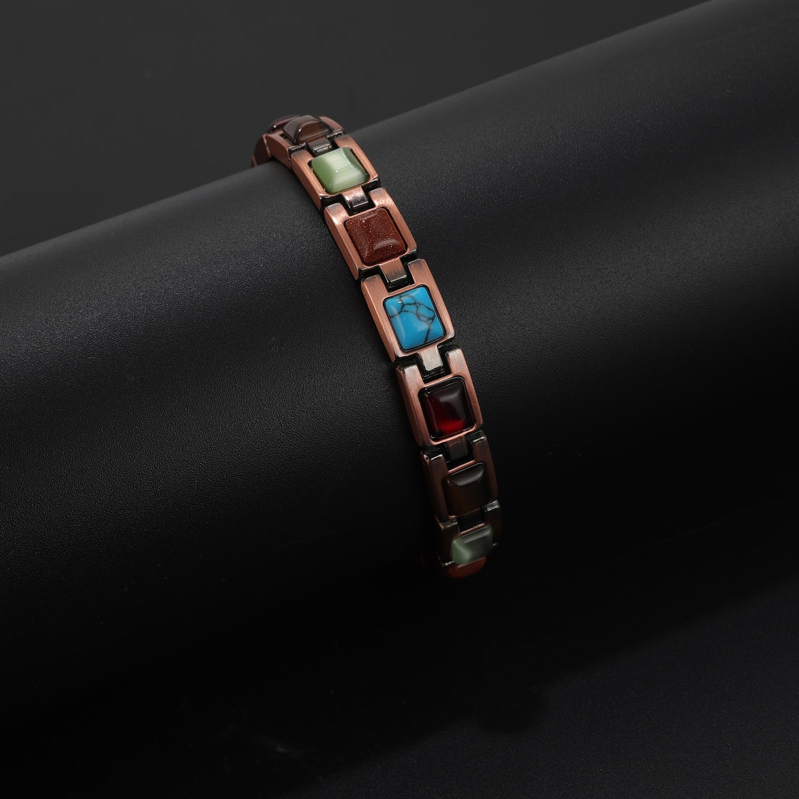 JewelryWe Kupfer Magnetarmband mit Türkis für Damen, Antik Magnetisch Kupferarmband Herz Sechseck Rechteck Link Verstellbares Armband mit Gauss Magneten reines Kupferschmuck für Frau Mutter
