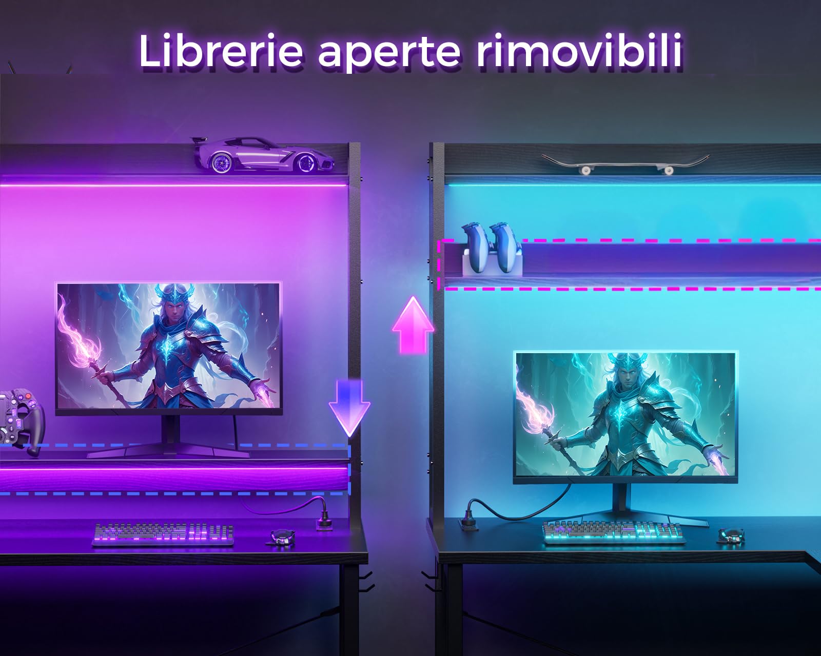 ODK Scrivania Gaming con LED, 168×120 cm Scrivania con Ripiano Reversibile, Scrivania ad L con Prese e Porte USB, Scrivania Gaming Nero con Scomparti e Spazio di Archiviazione