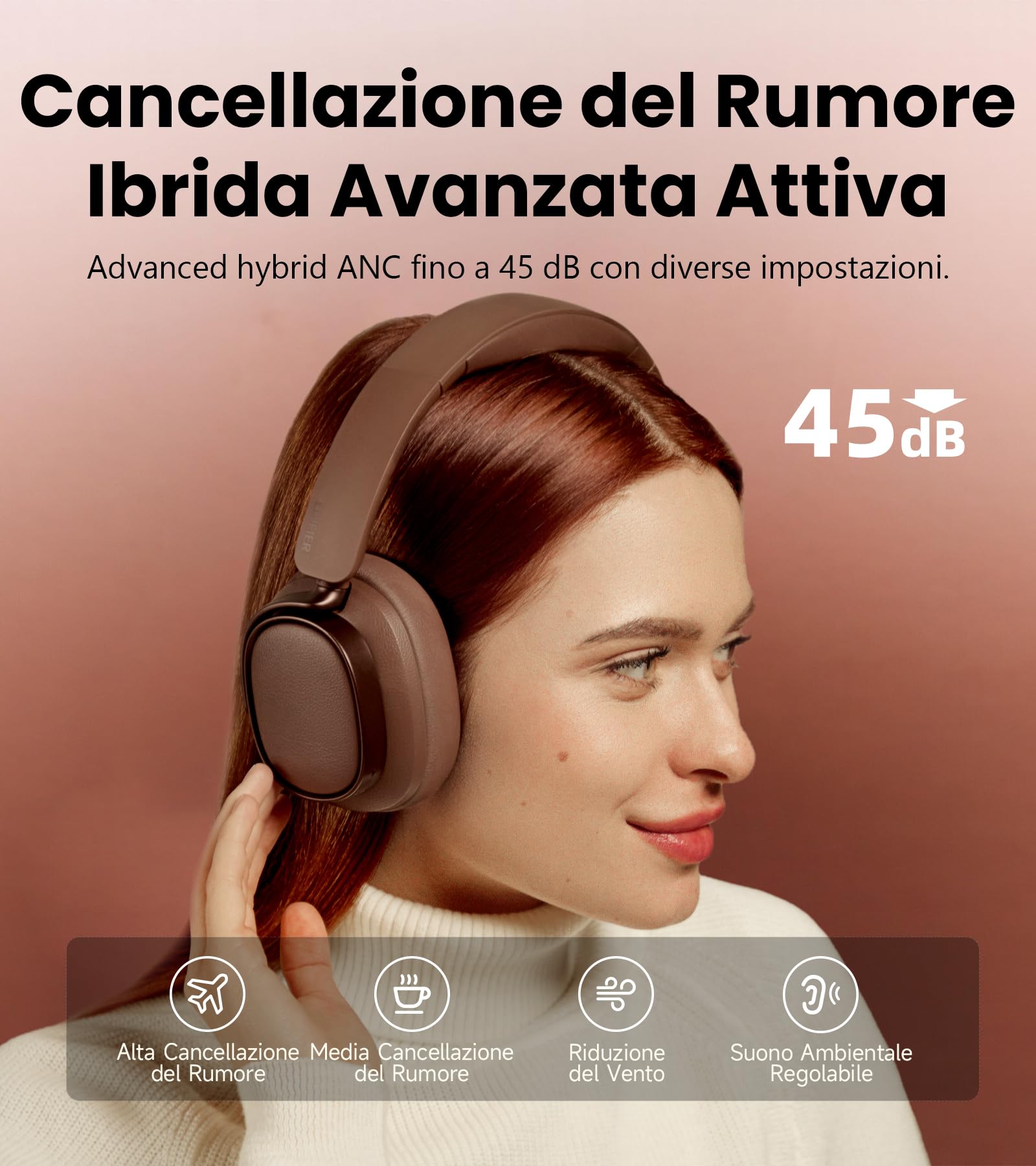 Edifier ES850NB Cuffie Over Ear Wireless, 45dB ANC, Audio Hi-Res, LDAC, 92h Autonomia, Bluetooth 5.4 e Multipoint, Riduzione del Rumore nelle Chiamate con IA (Marrone)