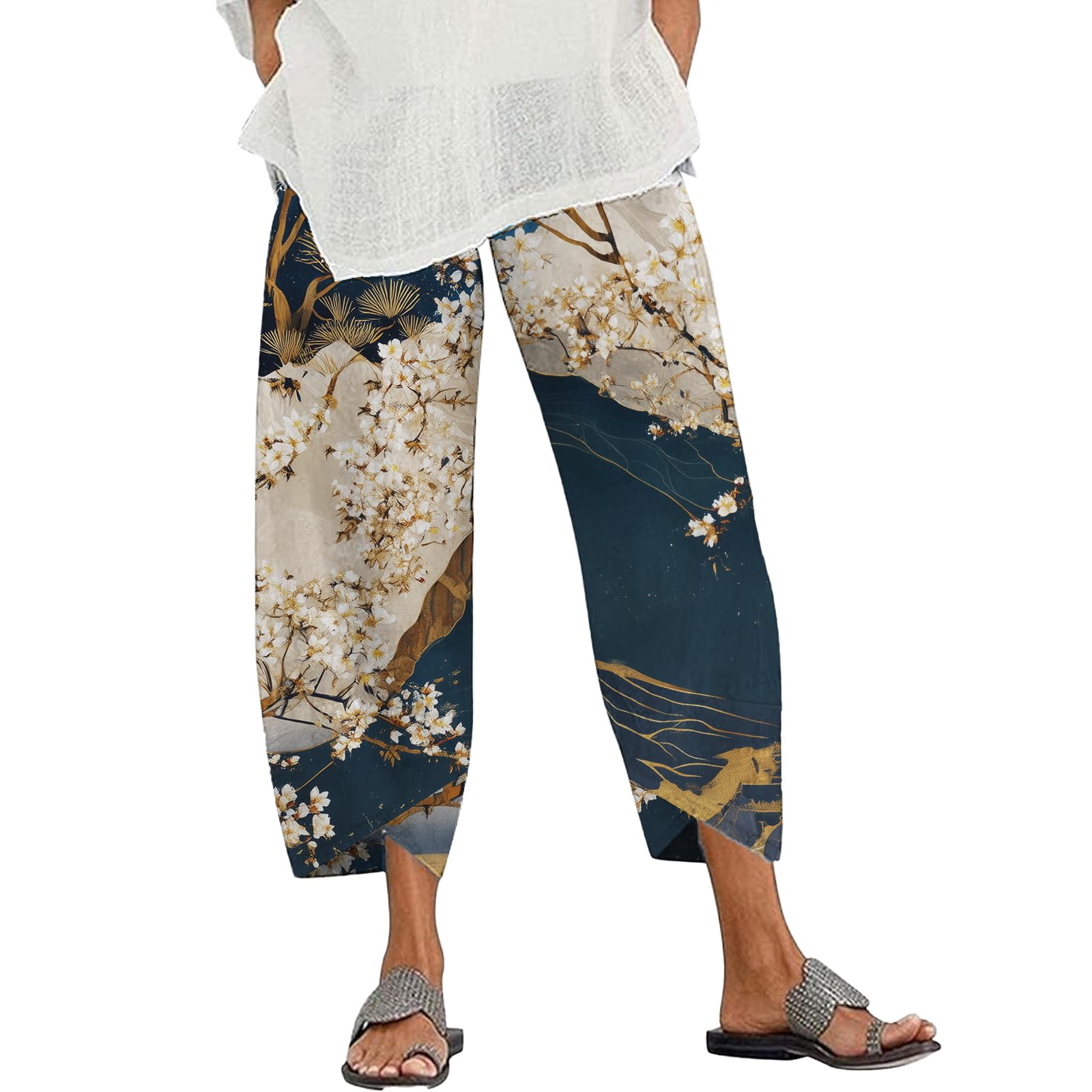 Womens Capri Pants Japanese Art Style Pine Tree Print Pants Summer Dressy Casual High Waist Cropped Wide Leg