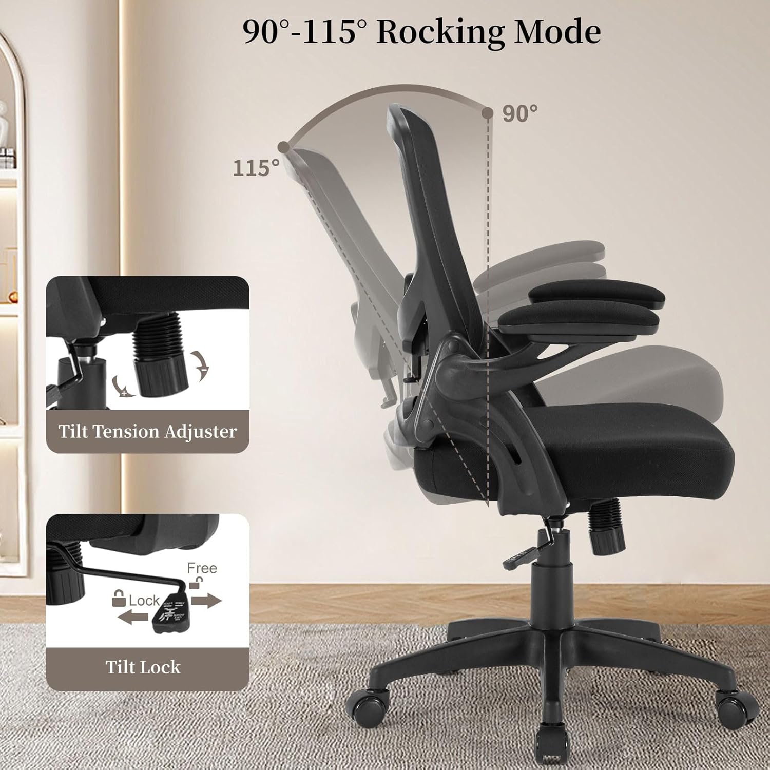 Ergonomic Office Chair Comfy, Mesh Desk Chair with Flip up Armrests, Swivel Computer Desk Chair with Adjustable Lumbar Support and Height for Home Office, 300 lbs Capacity