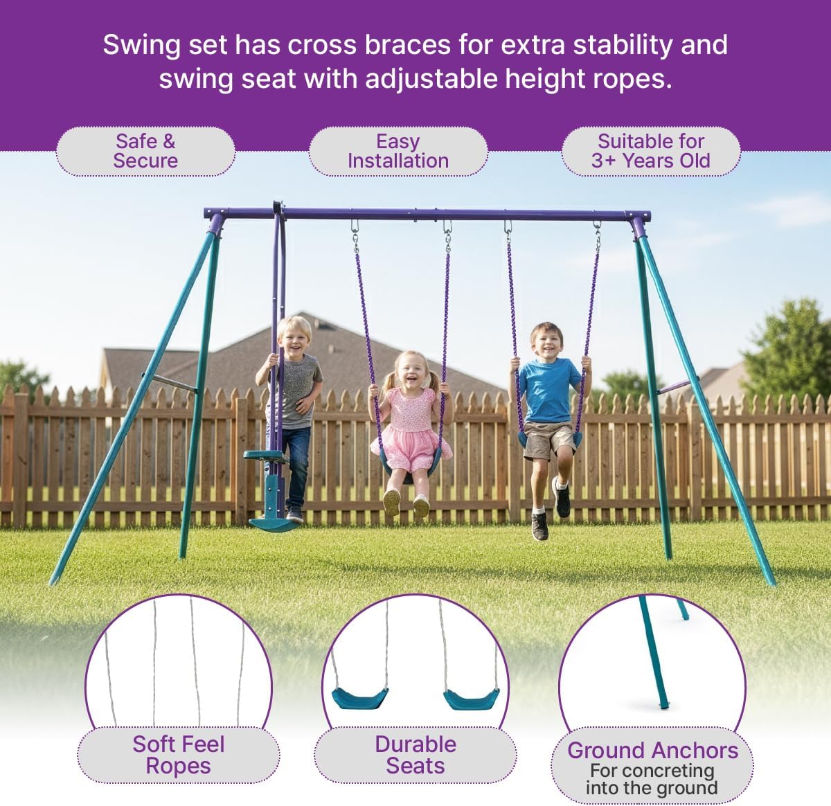 Plum Jupiter Metal Swing Sets for Backyard, Two Toddler Swing Seat with Glider, Playground Sets for Backyards, Outdoor Playset for Kids, Heavy Duty Swingset, Sturdy, Weatherproof, Ages 3+ Years