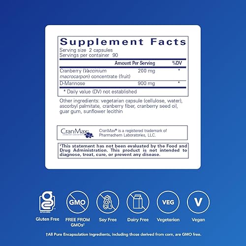 Miniatura 9 de Pure Encapsulations ArándanoD-manosa  Suplemento hecho de 100 sólidos de fruta de arándano para apoyar la salud del tracto urinario  90 cápsulas