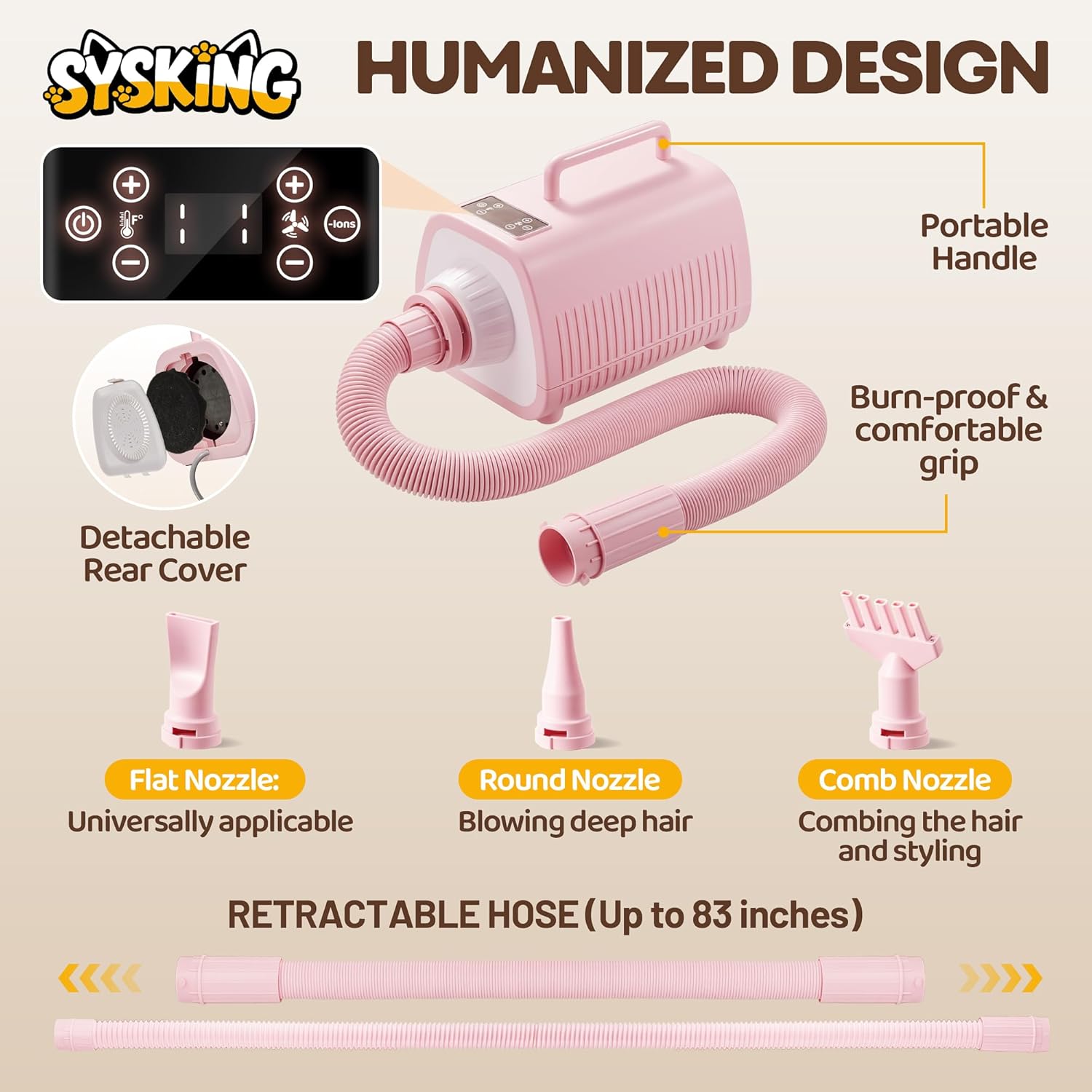 High Velocity Dog Hair Dryer - Dogs Blower Grooming Dryer with 9 Level Adjustable Speed & Temp, Soft Noise Pet Dryer for Grooming, Heat Resistant Hose with 3 Nozzles (Pink)