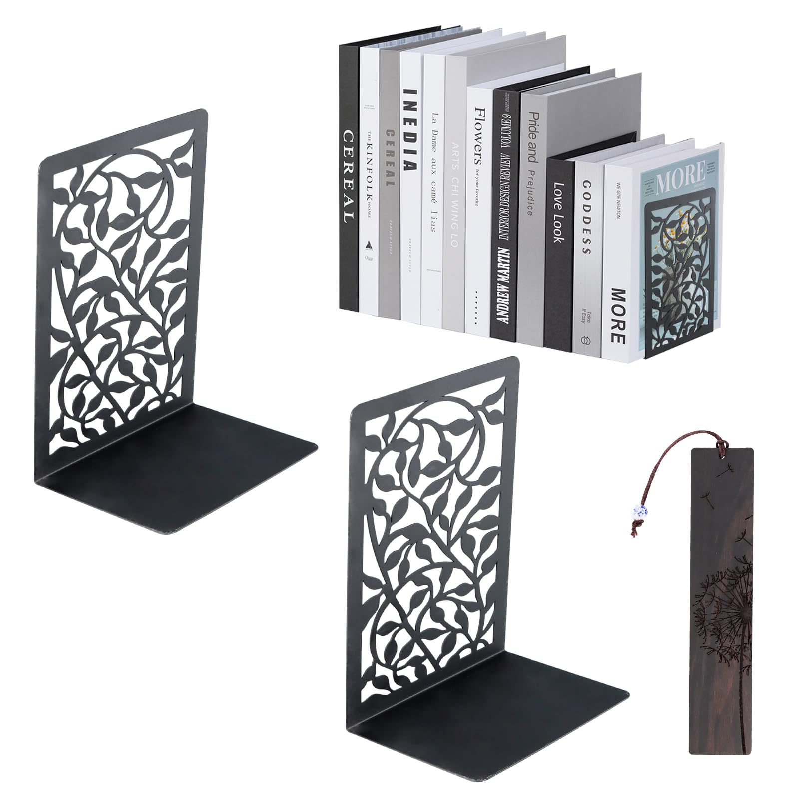 Merzio 2 PCS Metal Bookends, Decorative Book Ends for Shelves with Bookmark, Non Skid Book Holder Stopper for Home Office Library, Book Stand Organizer Gift for Students Bookworms, Black