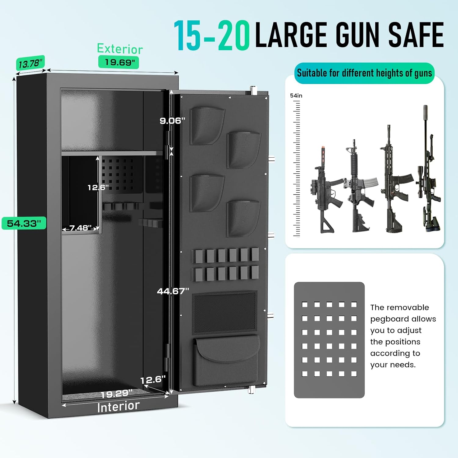Large Gun Safe, 15-20 Digital Gun Safe for Rifles and Pistols with Removable Pegboard, Adjustable Gun Racks & Hidden Keyhole, 54'' Rifle Safe with Dual Alarm & Mute Function, Already Assembled, Black