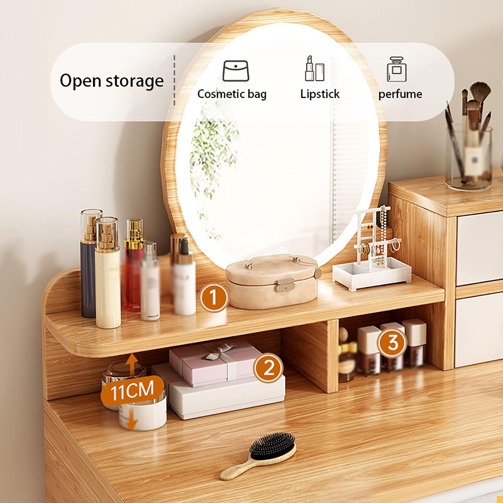 Make-up ijdelheid met spiegel en verlichting, houten kaptafel voor