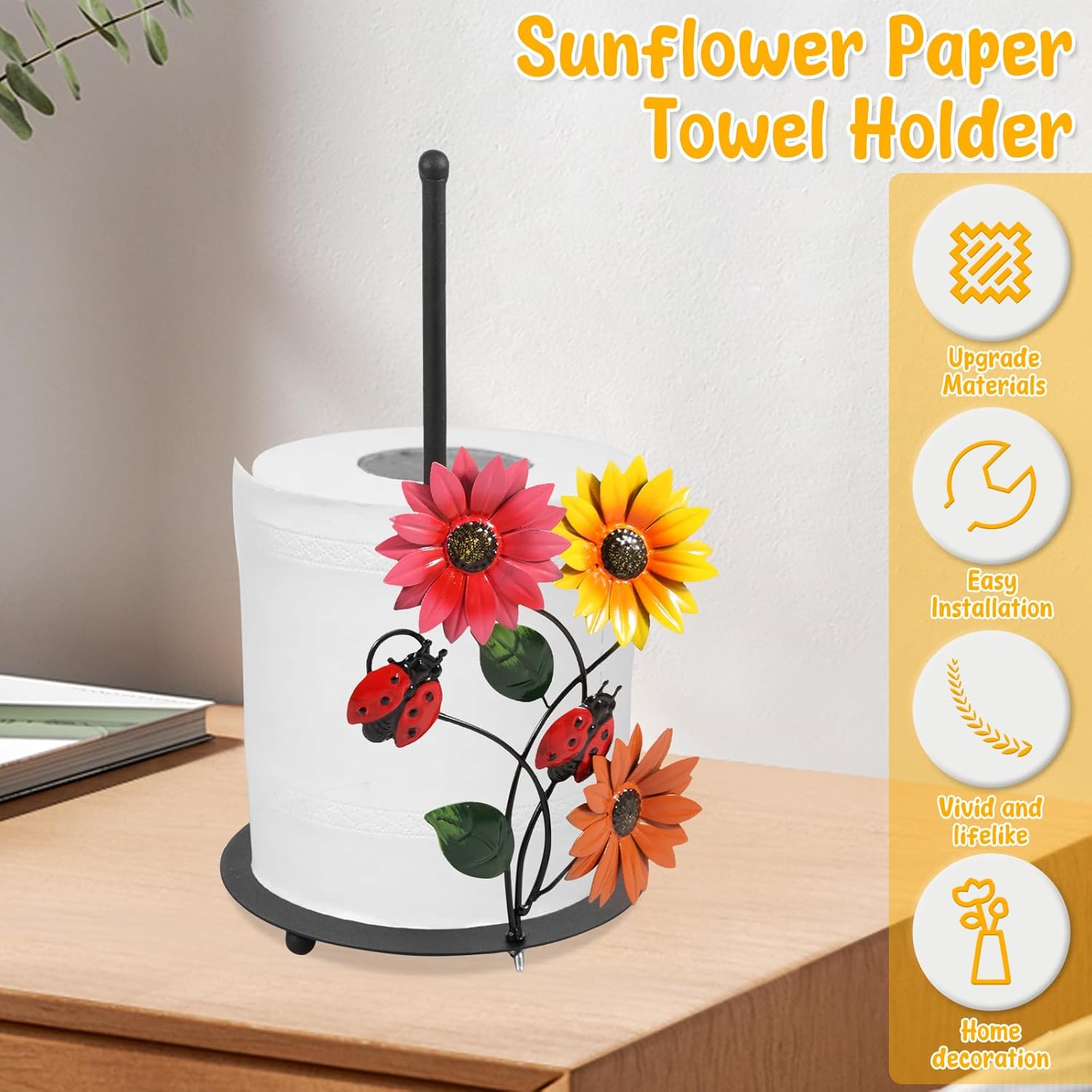 ひまわり型ペーパータオルホルダー カウンタートップ 金属製 素朴なスタンド式ペーパータオルロールホルダー 片手で切れるキッチンペーパ