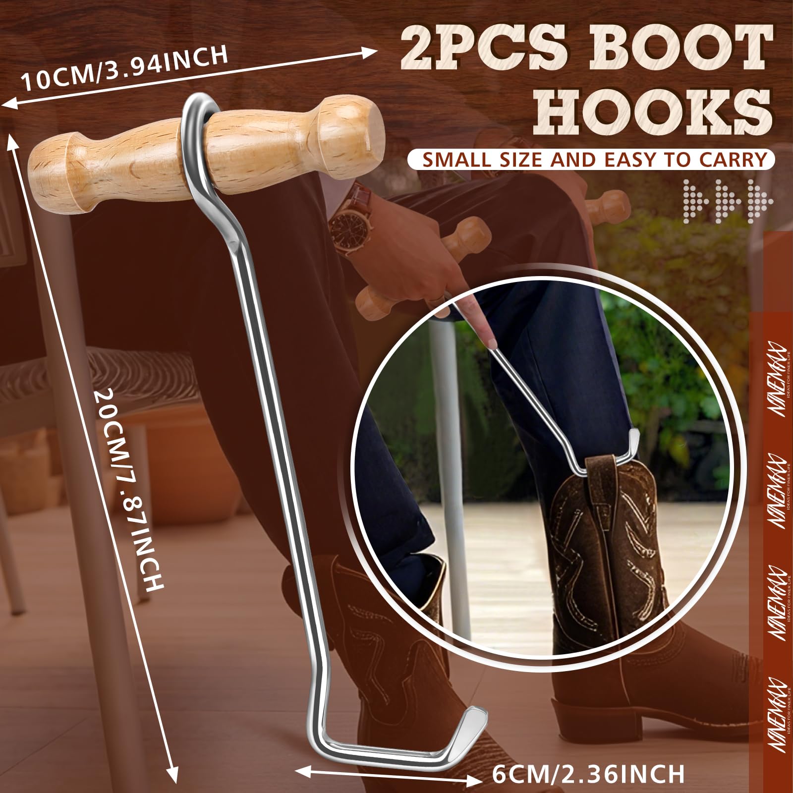 NINEMAX Gancho para Botas Con Mango De Madera,1 Par Herramienta De Ganchos Para Botas De Vaquero,Fáciles De Poner,Plateado