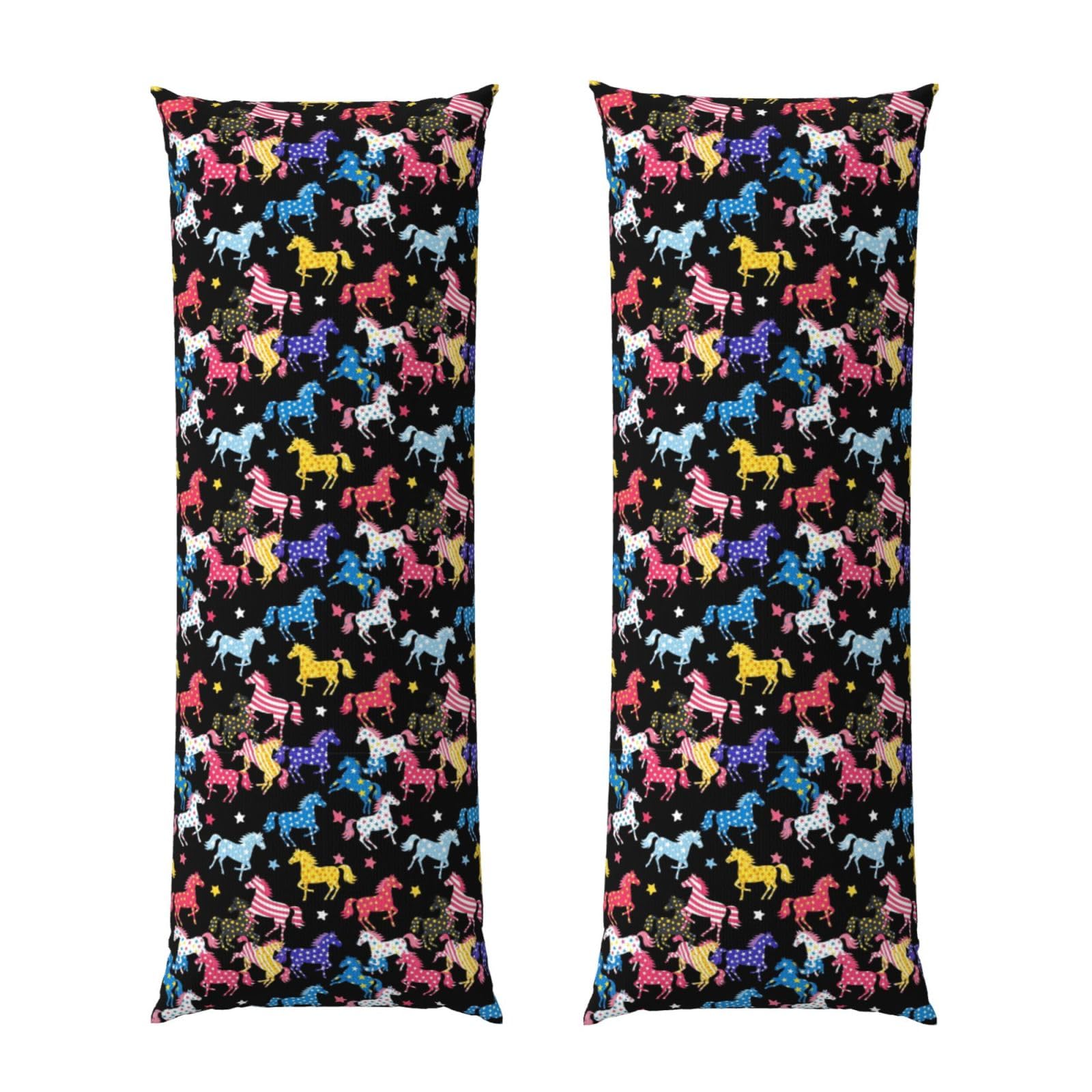 Long Body Pillow Cover 20x54, Black Colorful Horse, Plush Velvet Pillowcase with Zipper, Cozyffy Rectangular Case for Bedroom Couch Sofa Sleeping