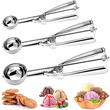 Ice Cream Scoop, 3 Pcs Stainless Steel Cookie Scoop, Meatball Maker Cookie Dough Scoops for Baking Set, Ice Cream Scooper with Trigger Release, Baking Supplies for Melon Baller, Fruit, Mini Cupcake