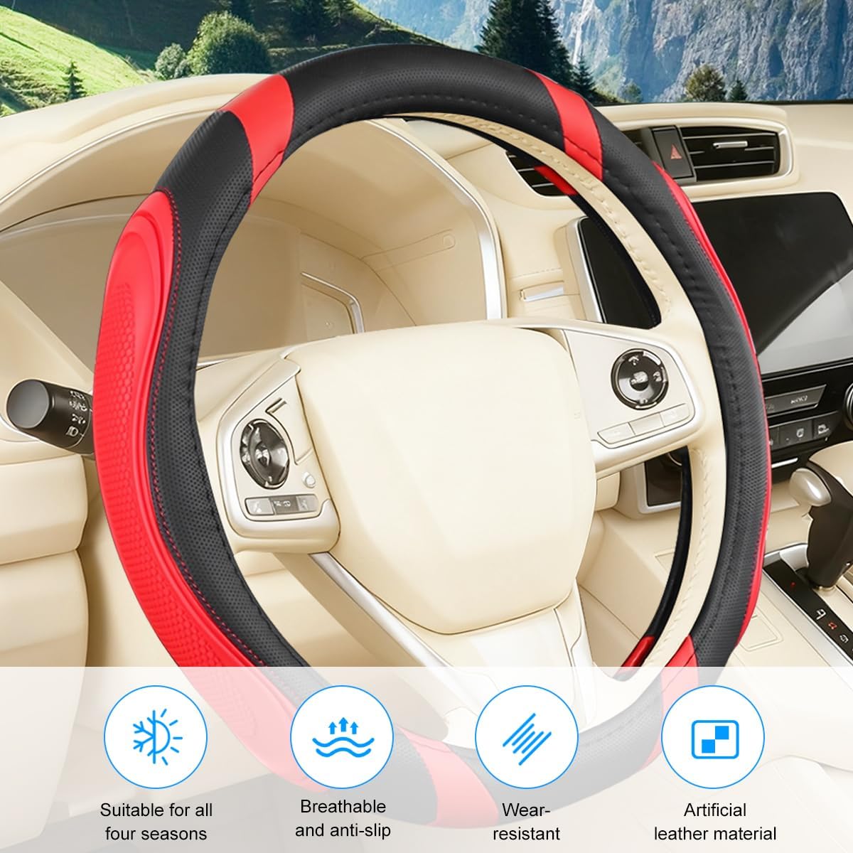 Car Steering Wheel Cover, 15Inch Leather Full Surround Vehicle Steering Wheel Wrap with Anti-Slip Lining, Automotive Interior Protective Accessories, Universal for SUV RV Truck (Black Red) thumbnail
